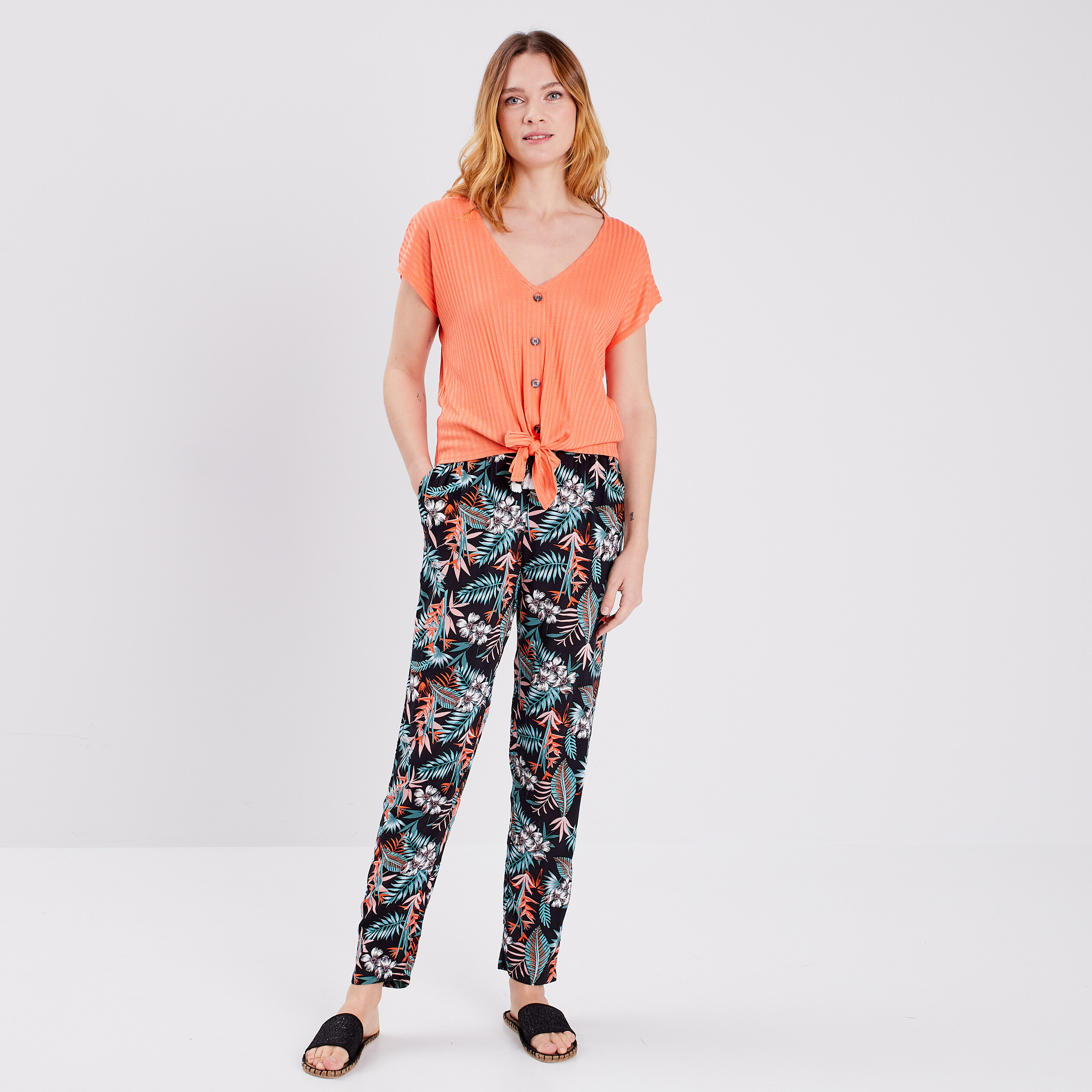 T-shirt manches courtes avec noeud orange corail femme | La Halle