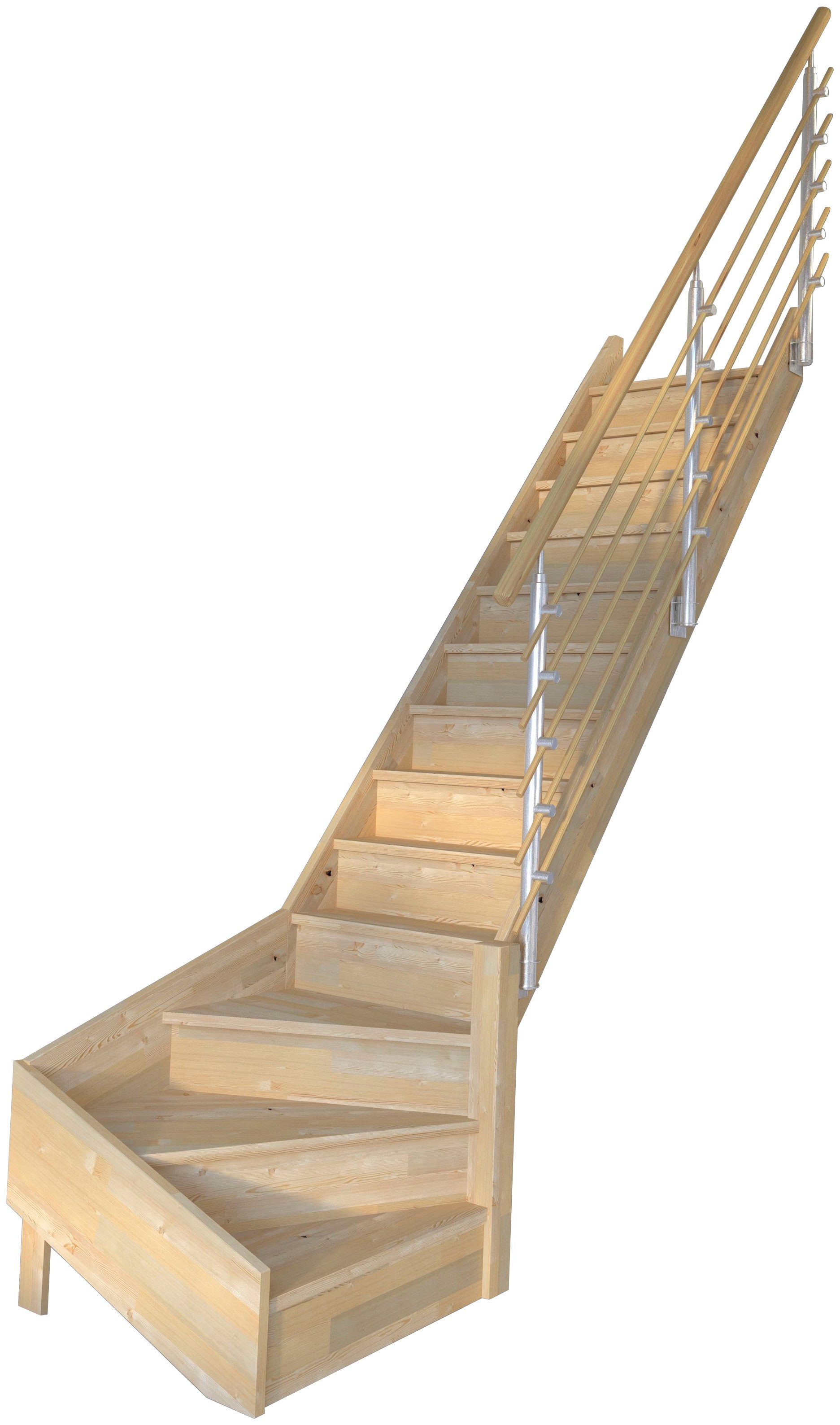 Starwood Raumspartreppe Massivholz Korfu, Design-Geländer Holzrundstäbe, für Geschosshöhen bis 300 cm, Stufen geschlossen, gewendelt Rechts, Durchgehende Wangenteile