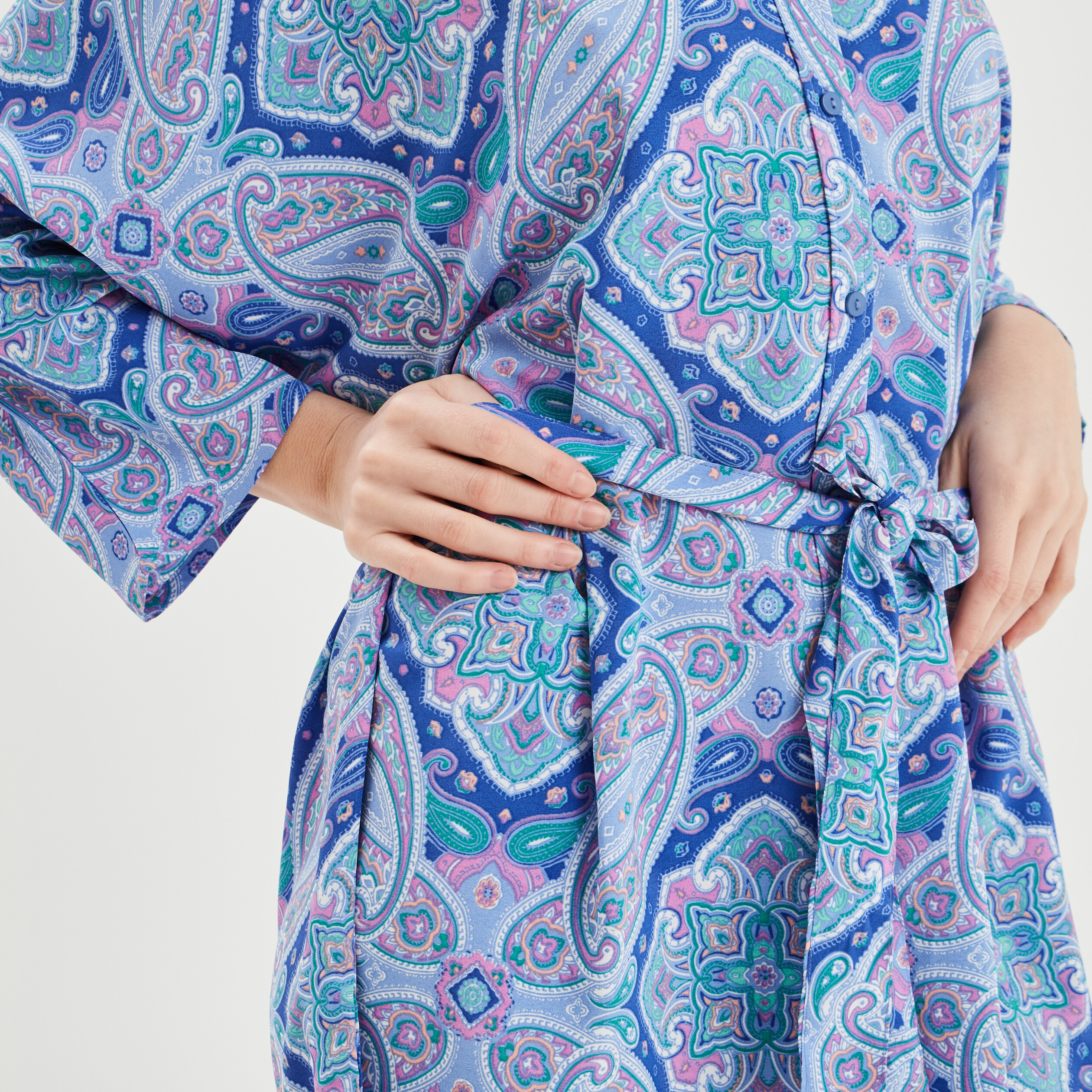 Robe chemise droite fluide ceinturée bleu femme | La Halle