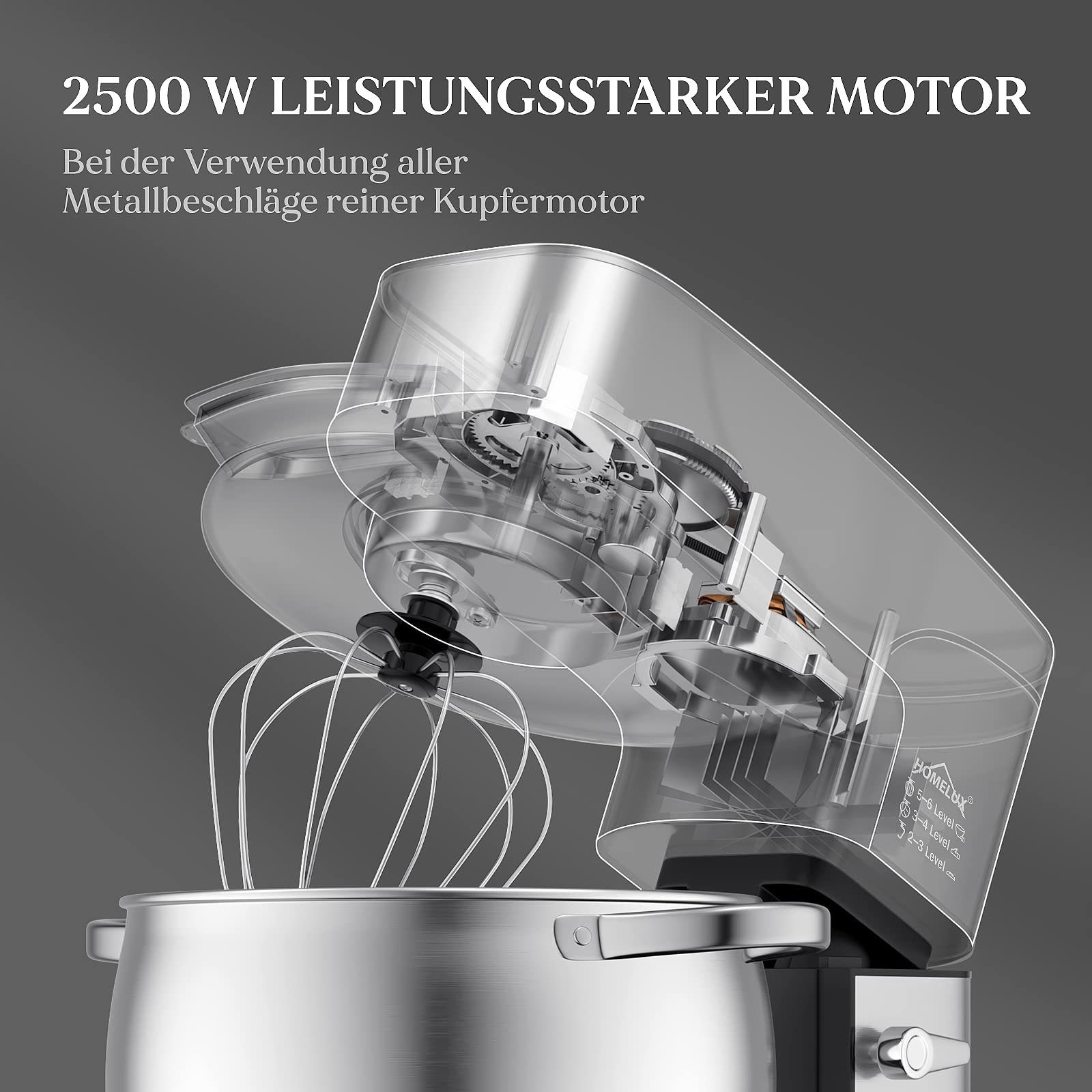 HOMELUX Küchenmaschine 12 L Küchenmaschine, Teigmaschine,6 Geschwindigkeiten, Knetmaschine, 2500,00 W, 12,00 l Schüssel, inkl 3-Teiligem Patisserie-Set und Spritzschutz, mit Edelstahlschüssel