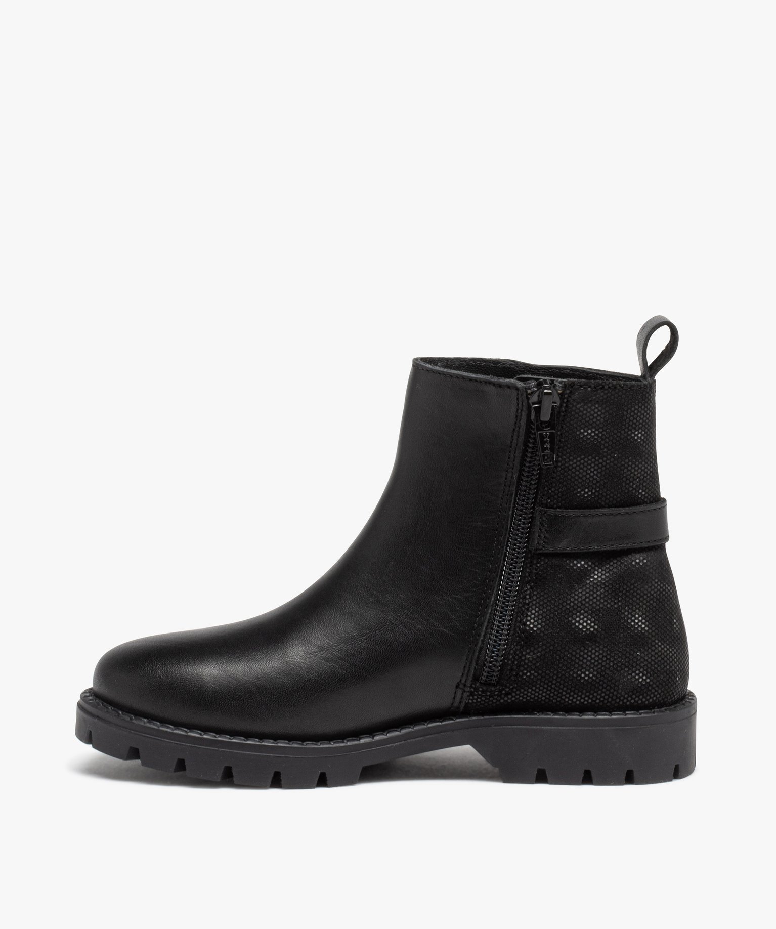Boots en cuir à semelle crantée et bride fille noir | GEMO