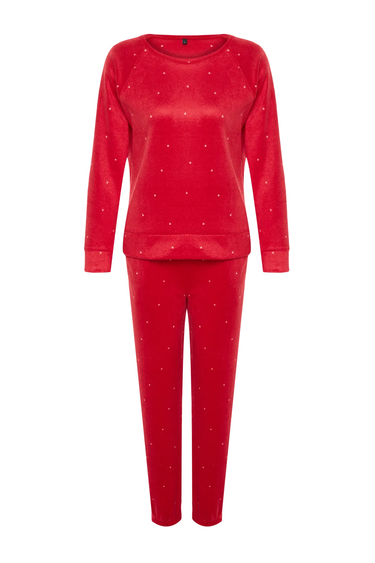 Trendyol Collection  Rotes Pyjama-Set aus gestricktem T-Shirt und Hose aus Samt THMAW24PT00032