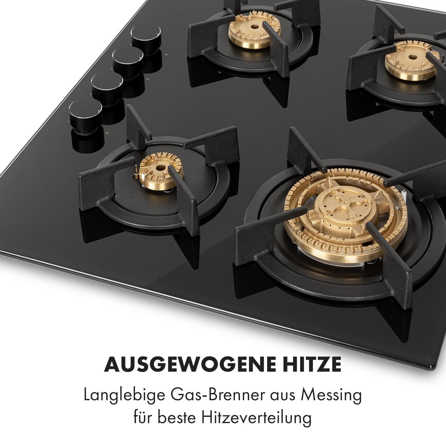 Klarstein Gas-Kochfeld Goldflame 4 Gaskochfeld 4-flammig Messing-Brenner Glaskeramik schwarz CP11-Goldflame-4, Einbau Gas Kochfeld Gasherd 4 Platten Kochplatte Einbaukochfeld