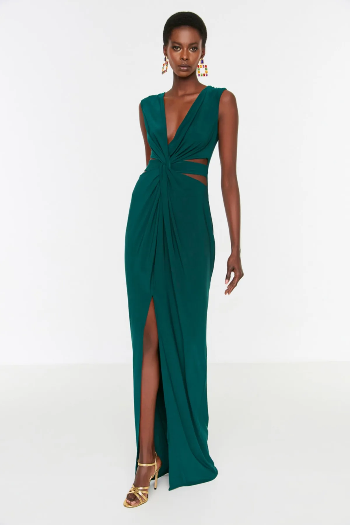 Trendyol Collection  Smaragdgrünes langes Abendkleid mit Taillendetail TPRSS22AE0040
