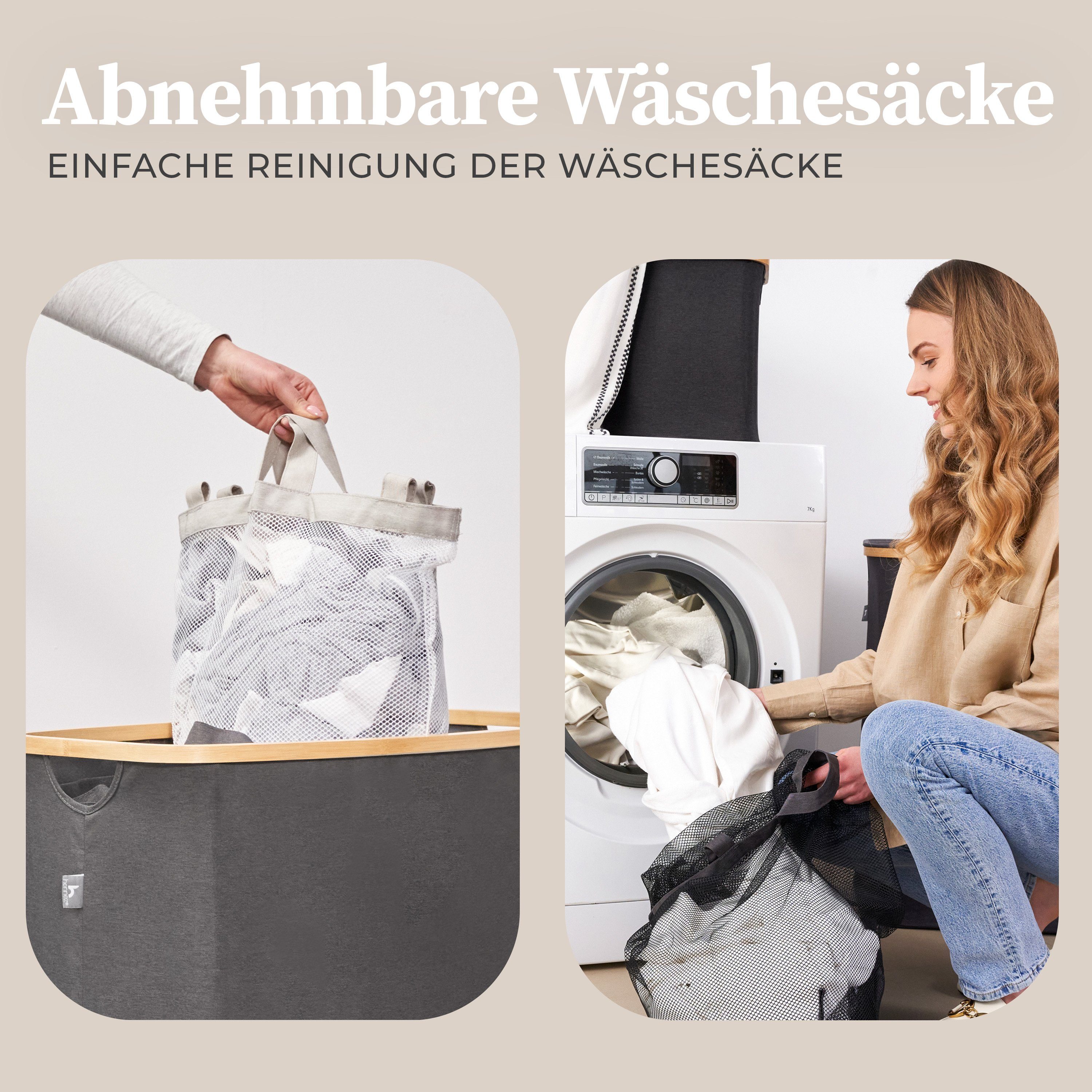 HENNEZ Wäschekorb Wäschesammler 3 Fächer mit Deckel 150 Liter - Wäschesammler 3 Fächer, Wäschetruhe mit Bambusrahmen