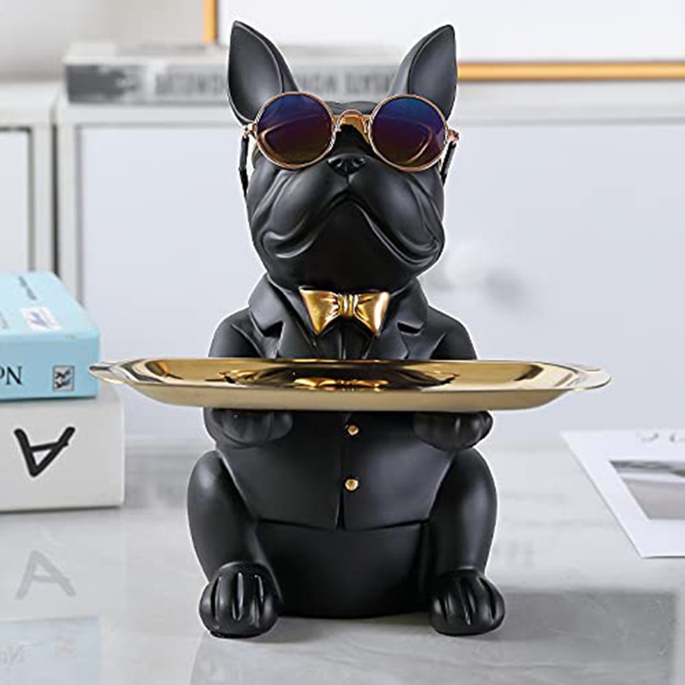 Haiaveng Tierfigur Coole Bulldoggen-Skulptur mit Edelstahltablett Französische Statue