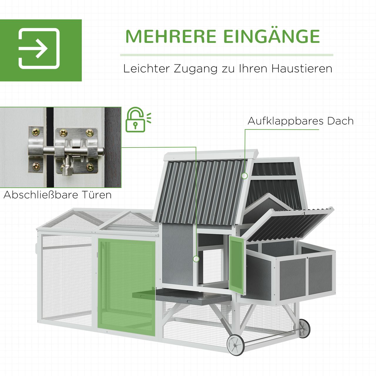 PawHut Hühnerstall Hühnerhaus mit Nistkasten Hühnervoliere mit Rädern und Griff Gehege Geflügelstall winterfest Tannenholz PVC Grau Weiß 247 x 90 x 114 cm