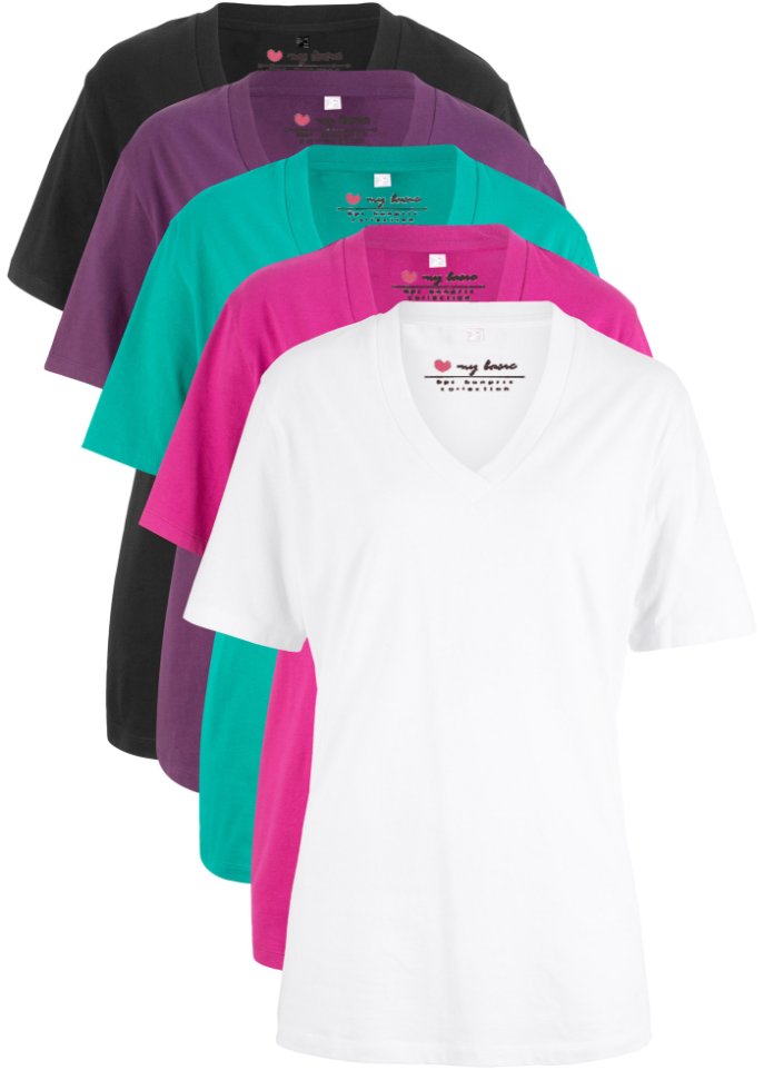 Weites Long-Shirt mit V-Ausschnitt, Kurzarm (5er Pack)