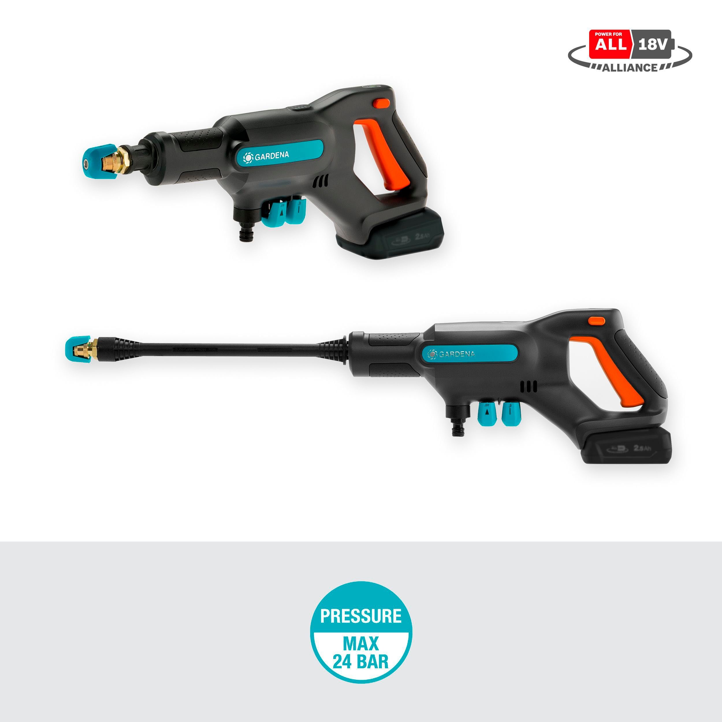 GARDENA Akku-Mitteldruckreiniger AquaClean 24/18V P4A, Druck max: 24 bar, Fördermenge max: 250 l/h, (Set, 5 tlg), mit Akku und Ladegerät