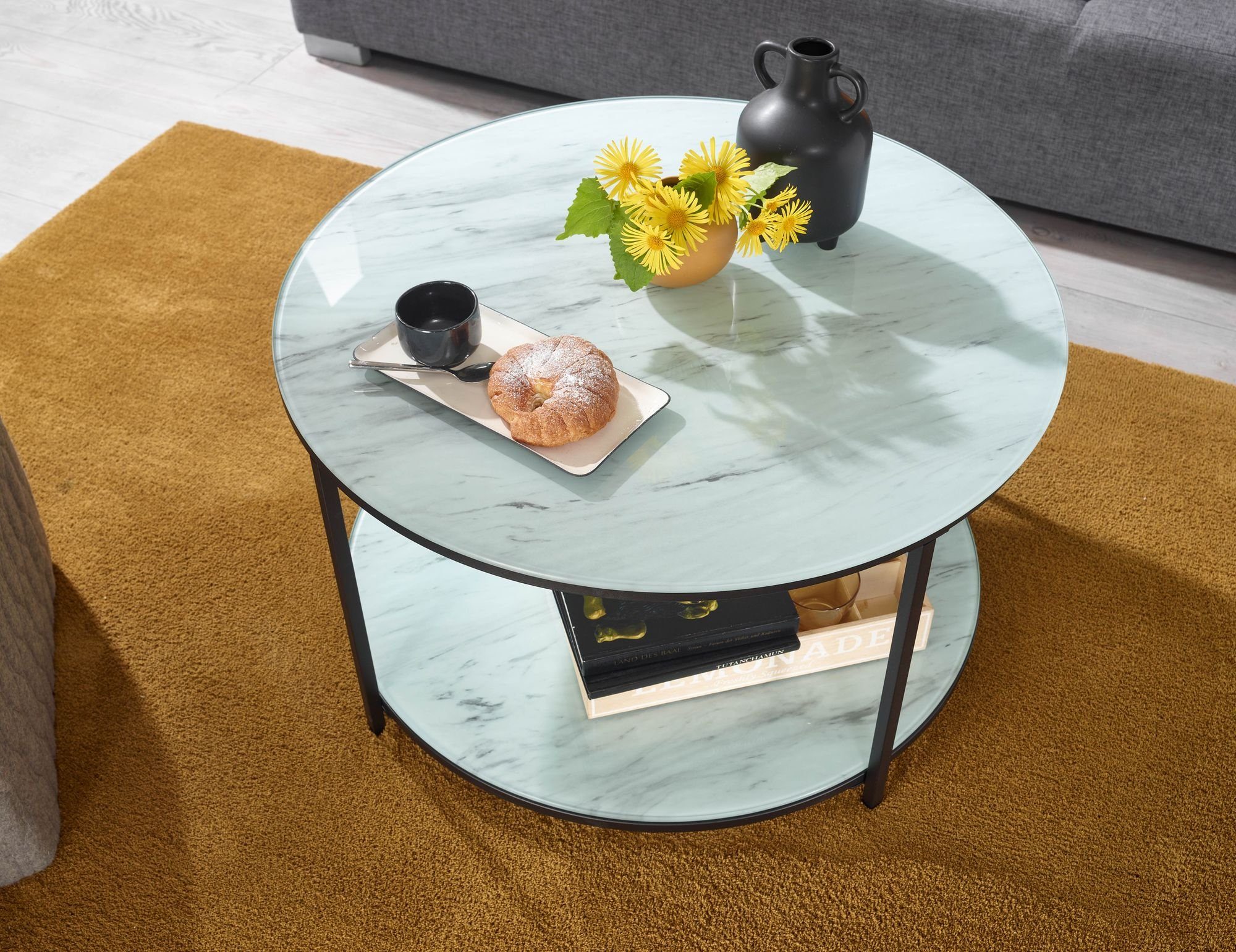 FINEBUY Couchtisch FB36843 (80x80x45 cm Glas Sofatisch Rund Marmor Optik Weiß), Wohnzimmertisch Kaffeetisch mit Metall-Gestell