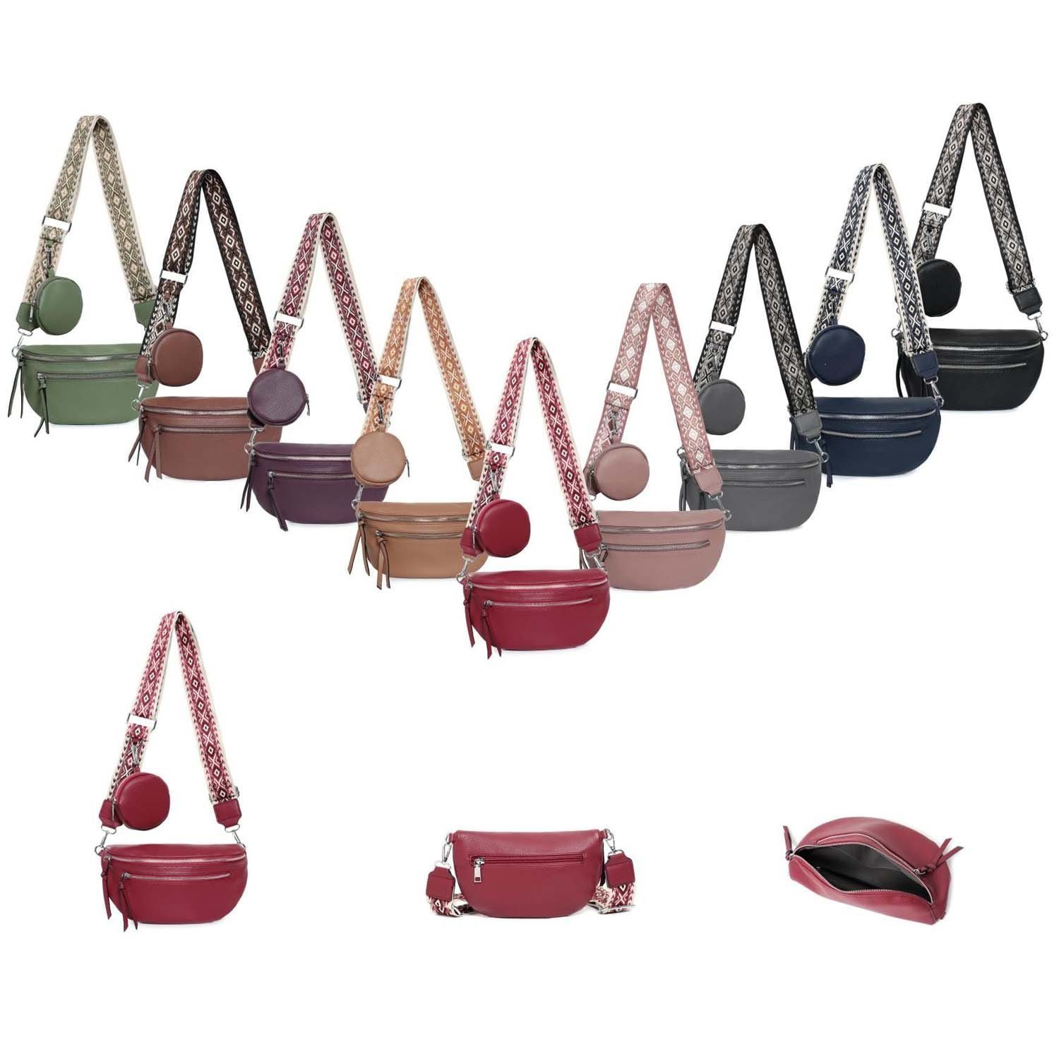 ITALYSHOP24 Bauchtasche Damen Brusttasche Crossover Umhängetasche CrossBody Bag Geldtasche (Spar-Set aus einer Tasche mit einem breitem Muster Stoffgurt/Umhängeband), Bodybag, Handytasche, Hüfttasche, Schultertasche, leicht Gewicht