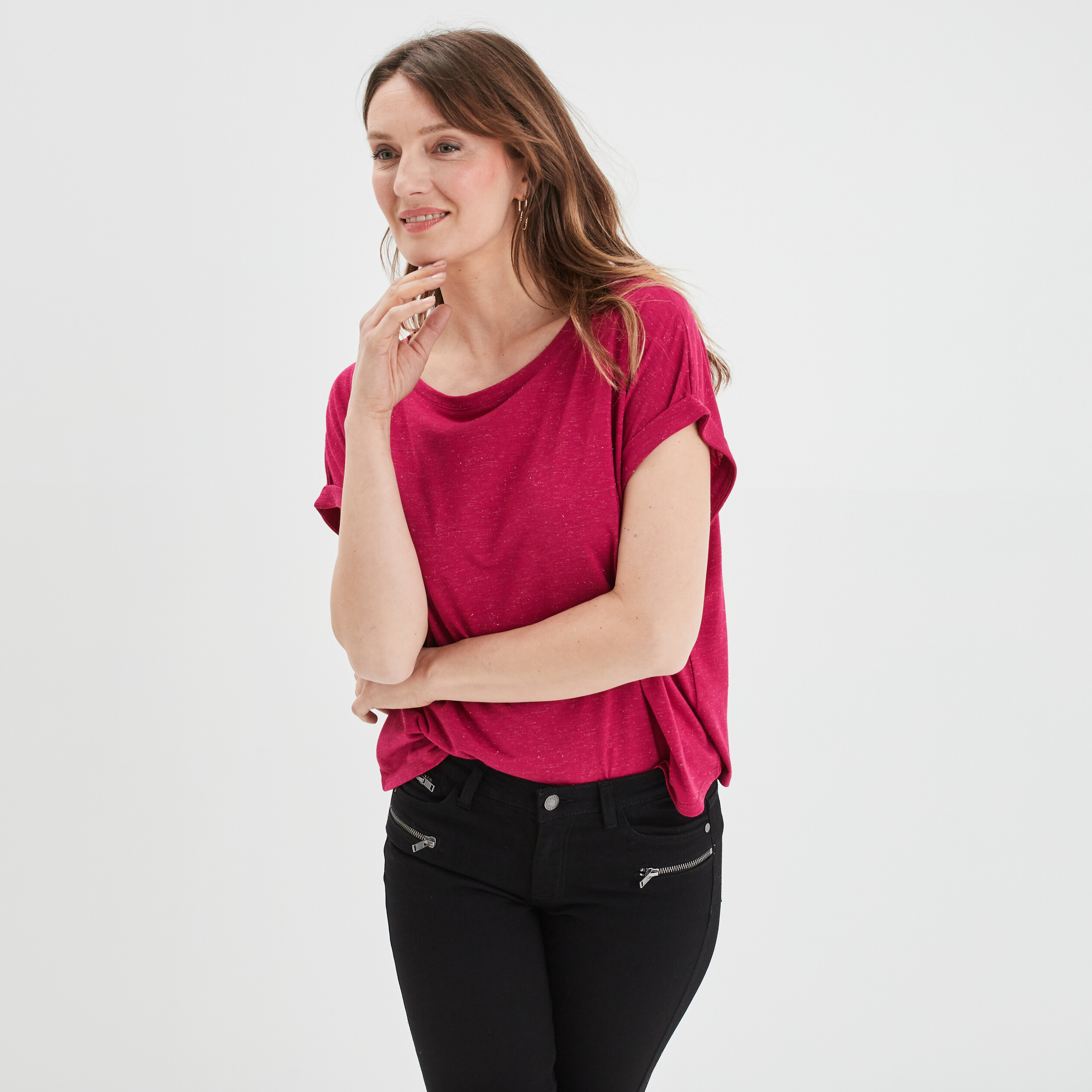 T-shirt manches courtes fils métallisés rose framboise femme | La Halle