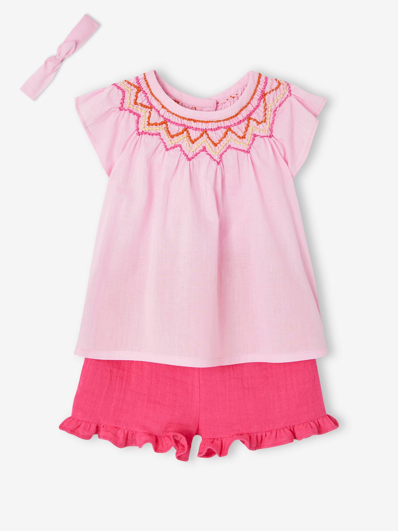Vertbaudet Mädchen Baby-Set: Bluse, Shorts & Haarband - rosa