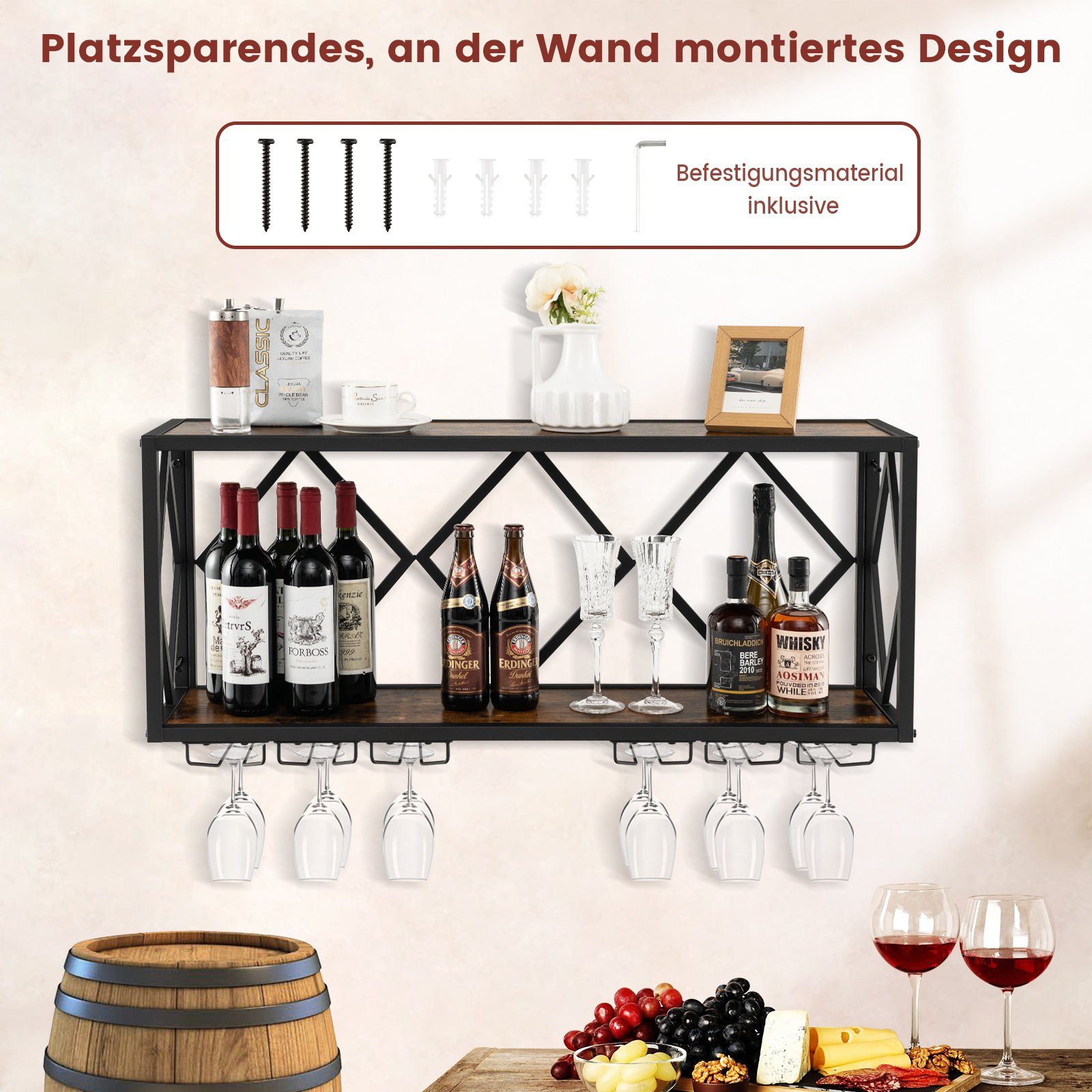 COSTWAY Weinregal, Wand, 2 Ebenen, Metall, 39 Flaschen&12 Gläser, 100x25x45cm