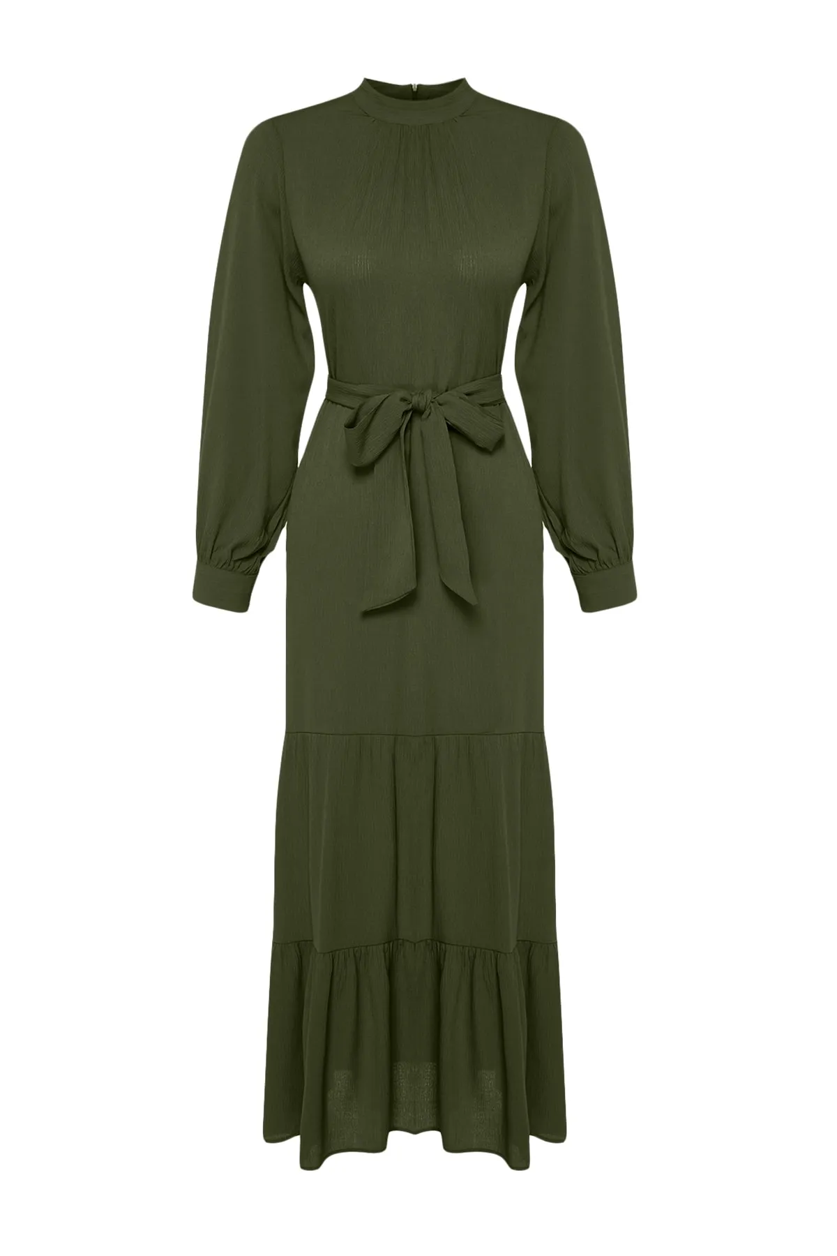 Trendyol Modest  Khakifarbenes gewebtes Kleid mit Ballonärmeln und Gürtel TCTSS23EB00289