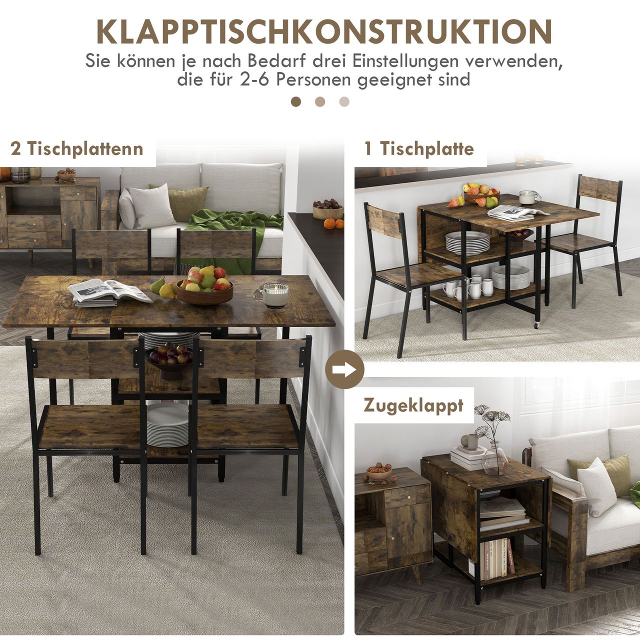 HOMCOM Esstisch, Klappbarer Küchentisch mit Rollen, Klapptisch für 2-6 Personen