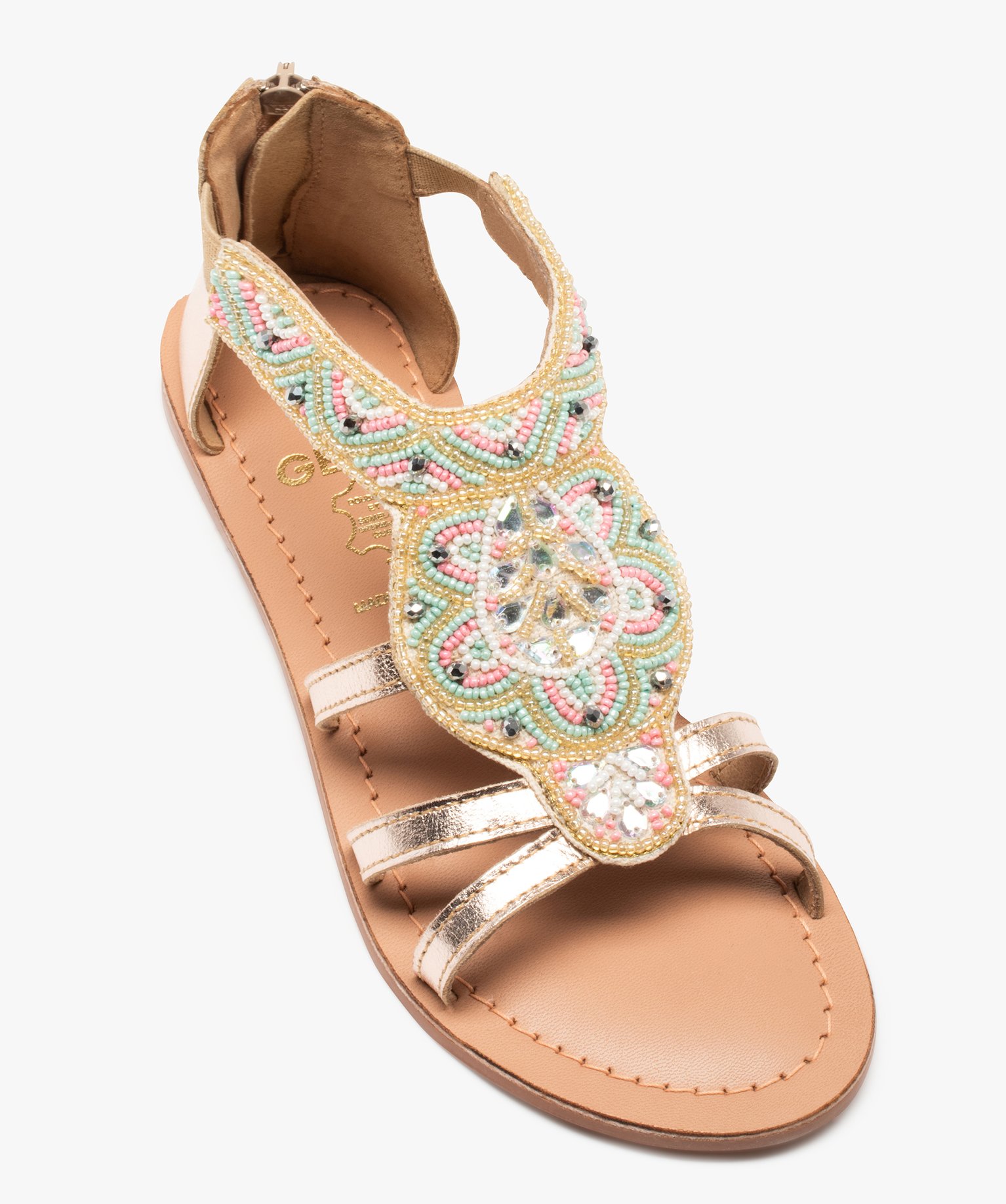Sandales fille à talon plat et dessus perlé contrefort zippé or | GEMO