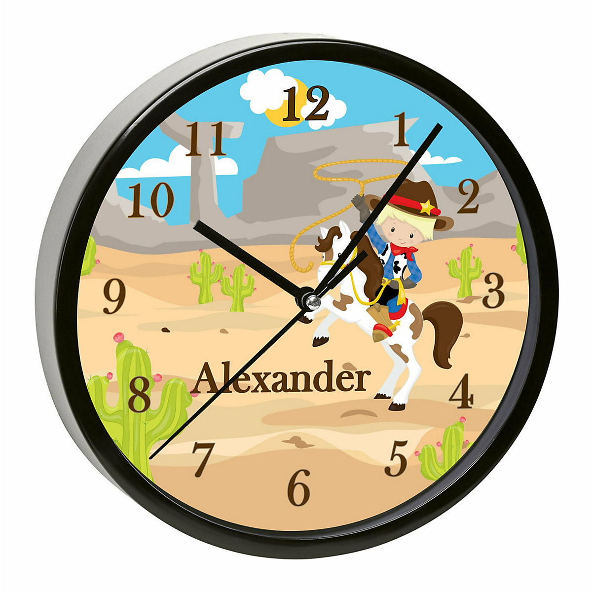 Kinder Wanduhr laufruhig personalisiert mit Name Cowboy