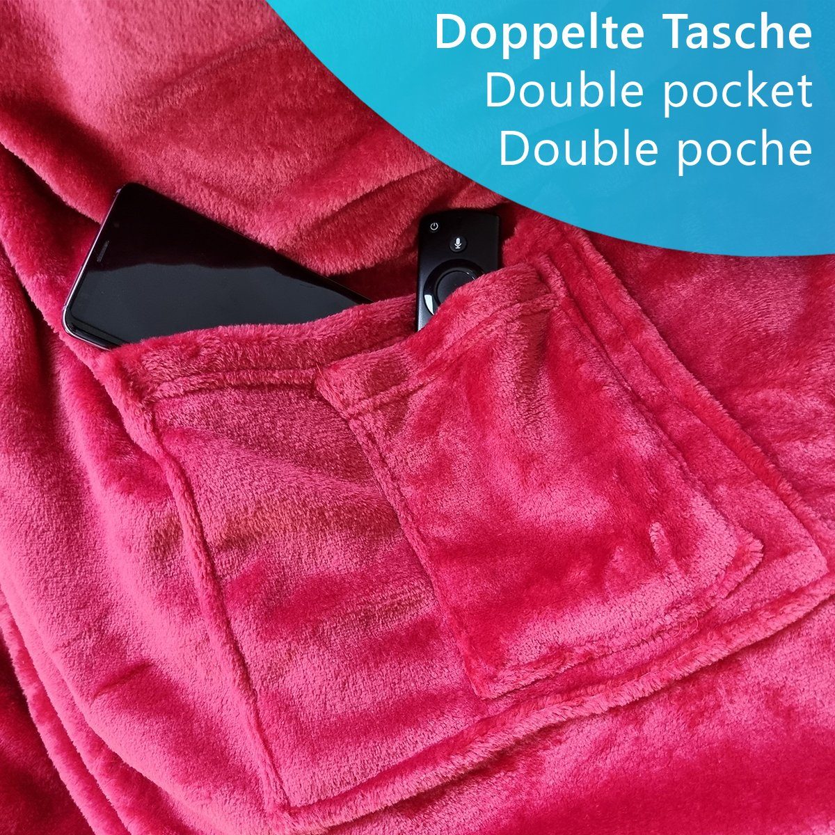 Wohndecke Ärmeldecke CozyWear mit wärmender Sherpa Innenseite Luxus TV Decke, NYVI, Tragbare Flannell Kuscheldecke mit Ärmeln, 2 Brusttaschen & Fußtasche