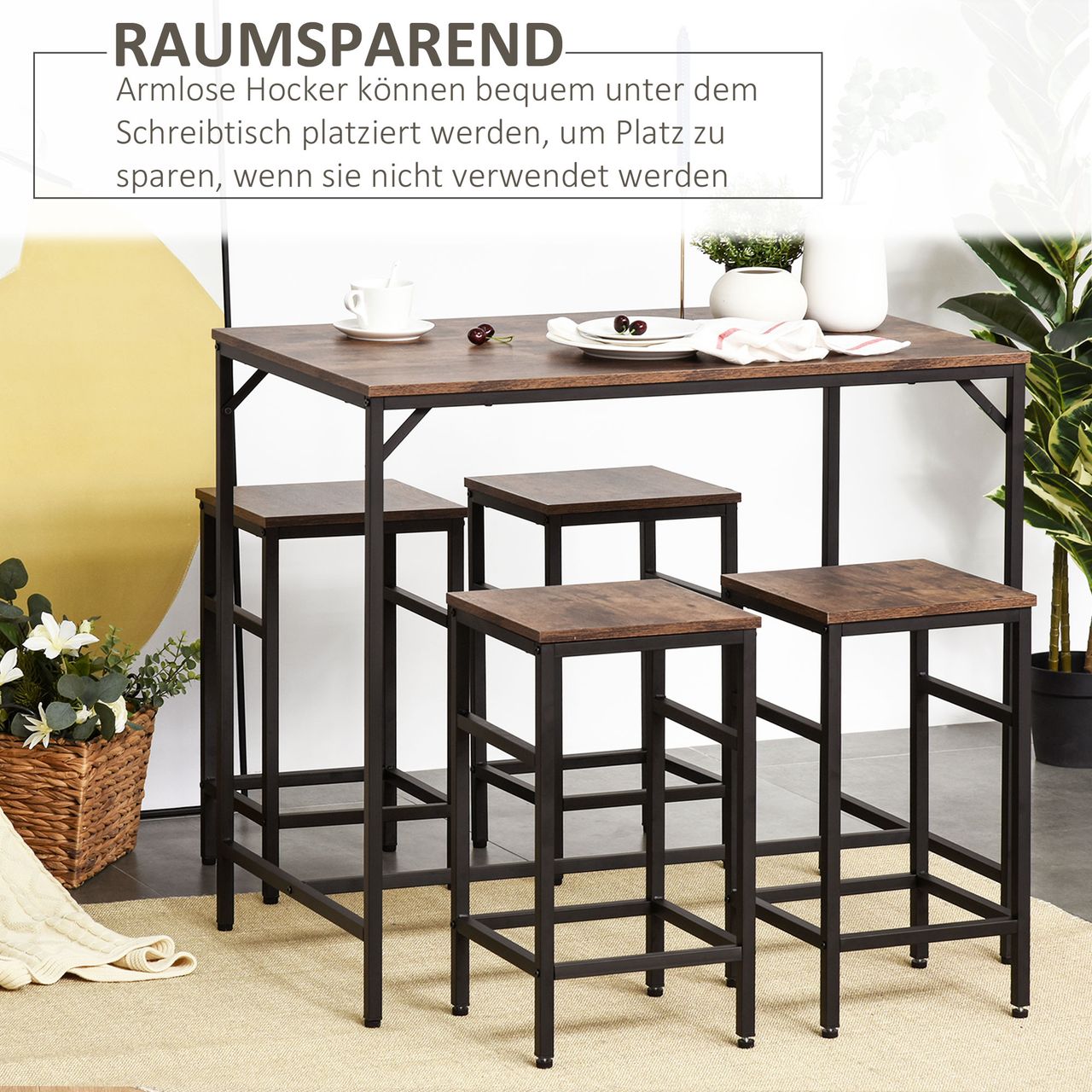 HOMCOM Bartisch-Set Stehtisch mit 4 Barhockern 5-teiliges Tischset Stahl Braun