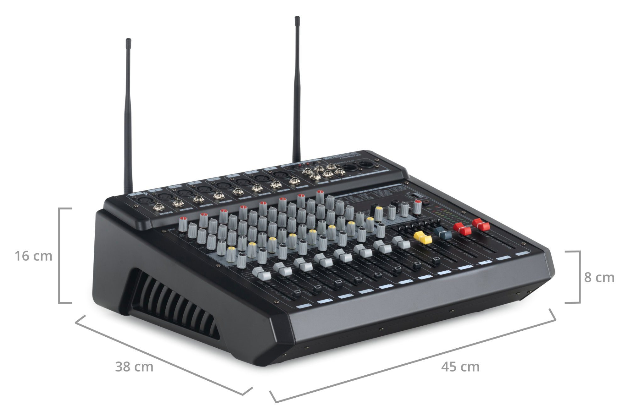Pronomic Mischpult 8-Kanal-Powermischer 760 Watt RMS-Leistung, (inkl. 2 Funkmikrofone mit integriertem UHF-Empfänger), Bluetooth®/USB-Player/Recorder - Grafischer Equalizer
