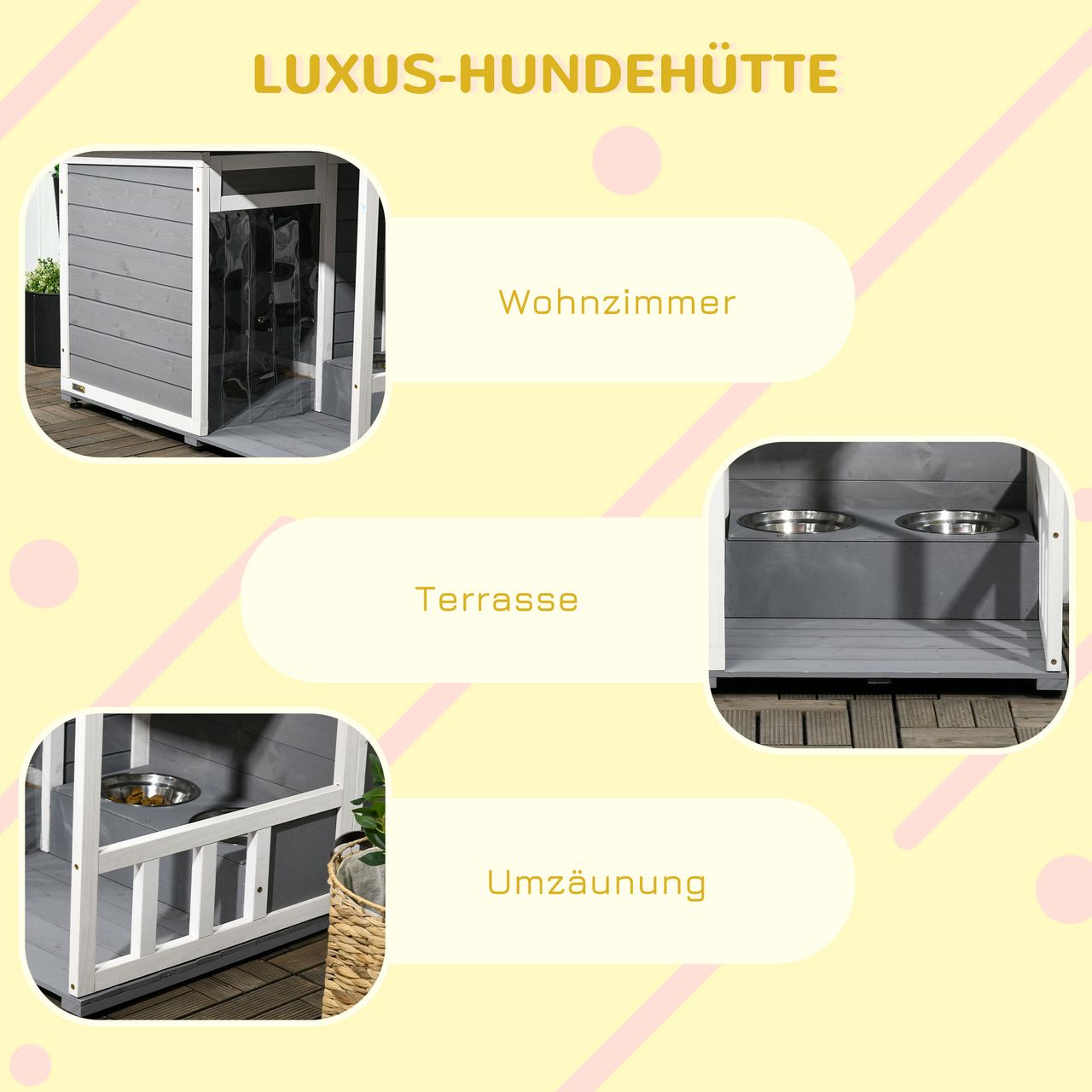 PawHut Hundehütte, Tannenholz, Hundehaus, Kleintierhaus mit 2 Schüsseln, Outdoor
