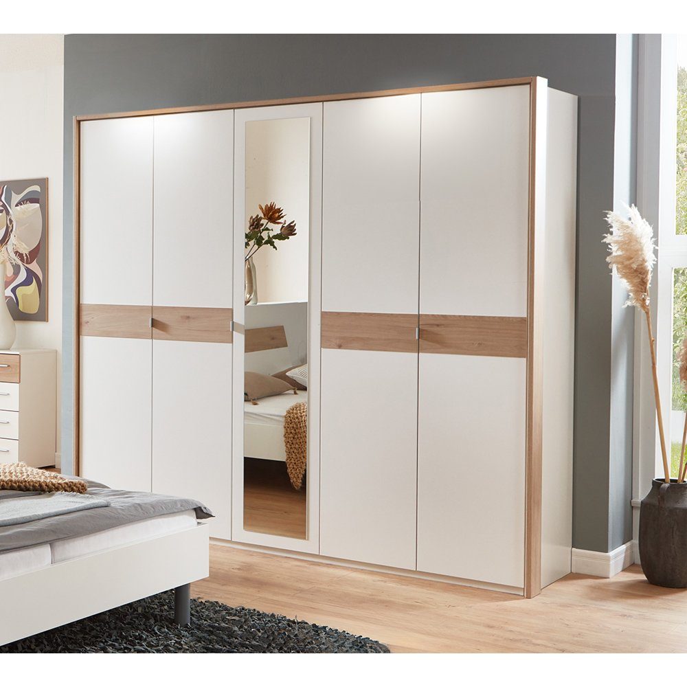Lomadox Schlafzimmer-Set BRADFORD-43, (Spar-Set, 5-St), mit Bett 180x200 cm, Kleiderschrank 5-türig, Kommode, weiß mit Eiche
