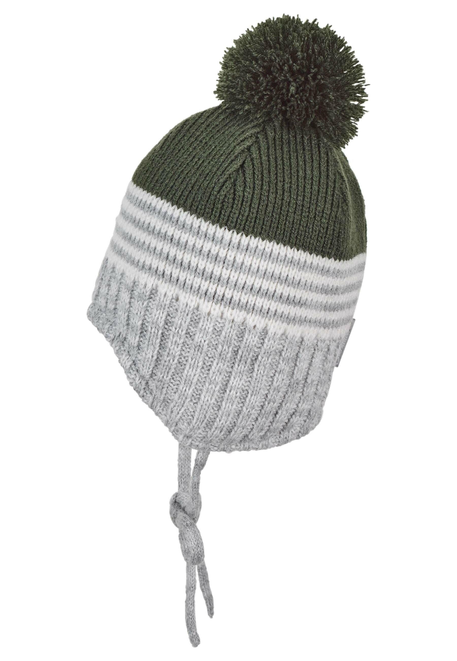 Strickmütze im Mustermix mit Bommel und Bindeband