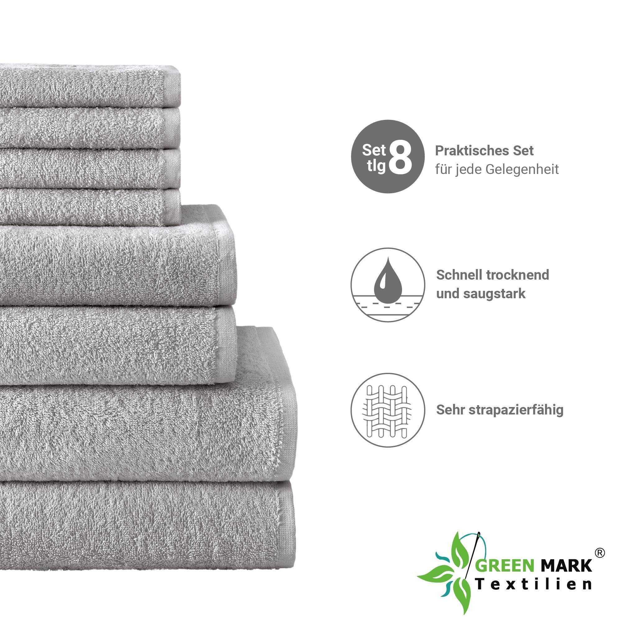NatureMark Handtuch Set 8er Frottier Handtuch Set, 100% Baumwolle, (8-tlg), 4X Gästetücher, 2X Handtücher, 2X Duschtücher, Silber grau