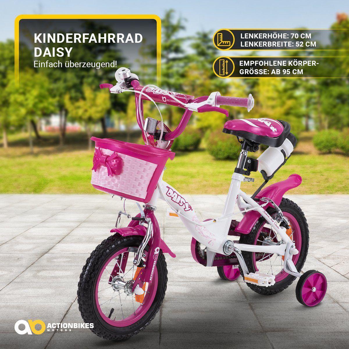 Actionbikes Motors Kinderfahrrad Kinder Mädchen Fahrrad Daisy inkl. Korb, 1 Gang, ohne Schaltung, (12 Zoll, ab 95 cm Körpergröße, max. Zuladung 35 kg, Trinkflasche inkl. Halterung, abnehmbare Stützräder, Klingel, Reflektoren, Antirutschgriffe, Lenker
