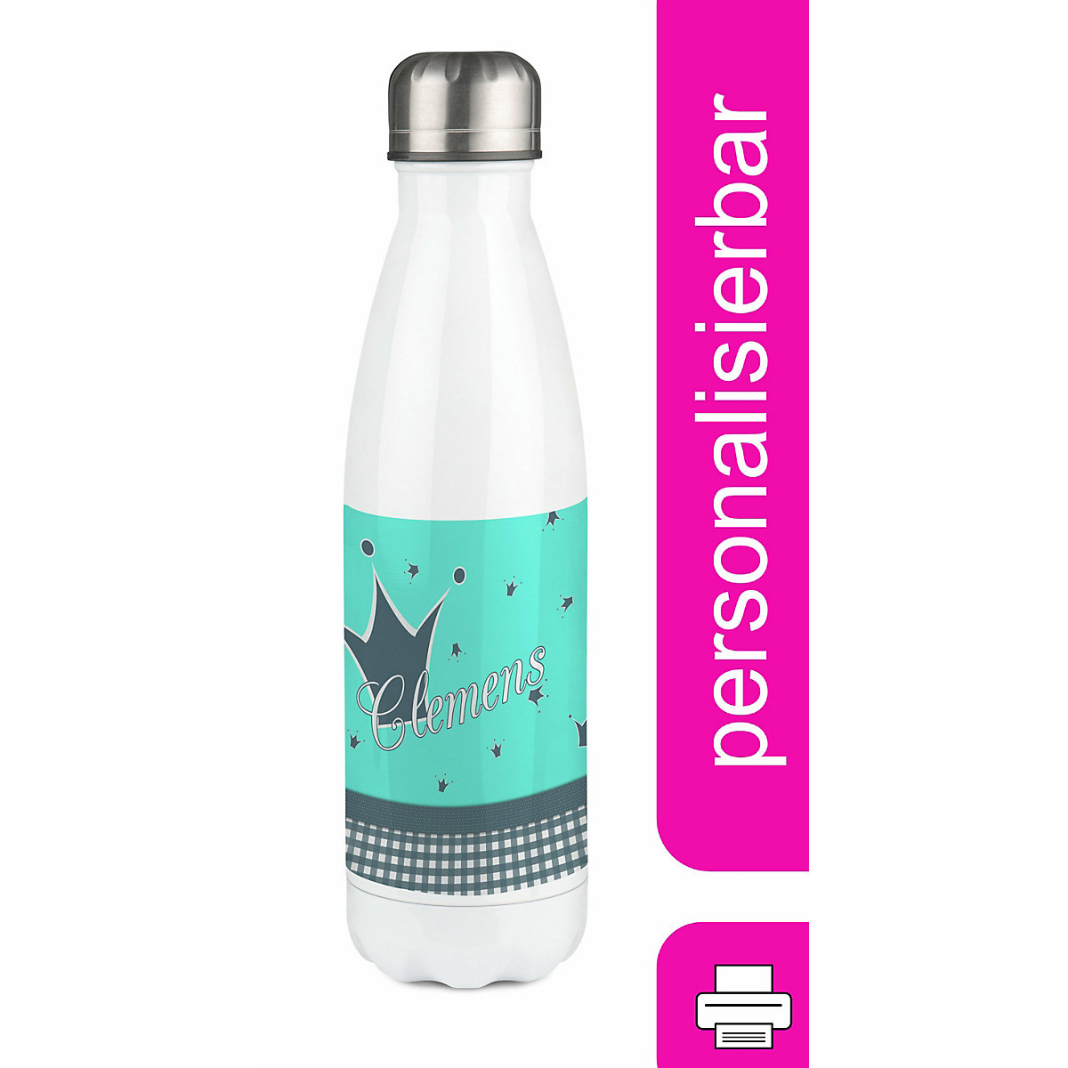 Edelstahl Kinder Thermoflasche / Trinkflasche bunt Krone Farbe türkis grau Spülmaschinenfest, Auslaufsicher, Bruchfest, Doppelwandig, Für Heißgetränke geeignet, Mit Deckel, Isoliert