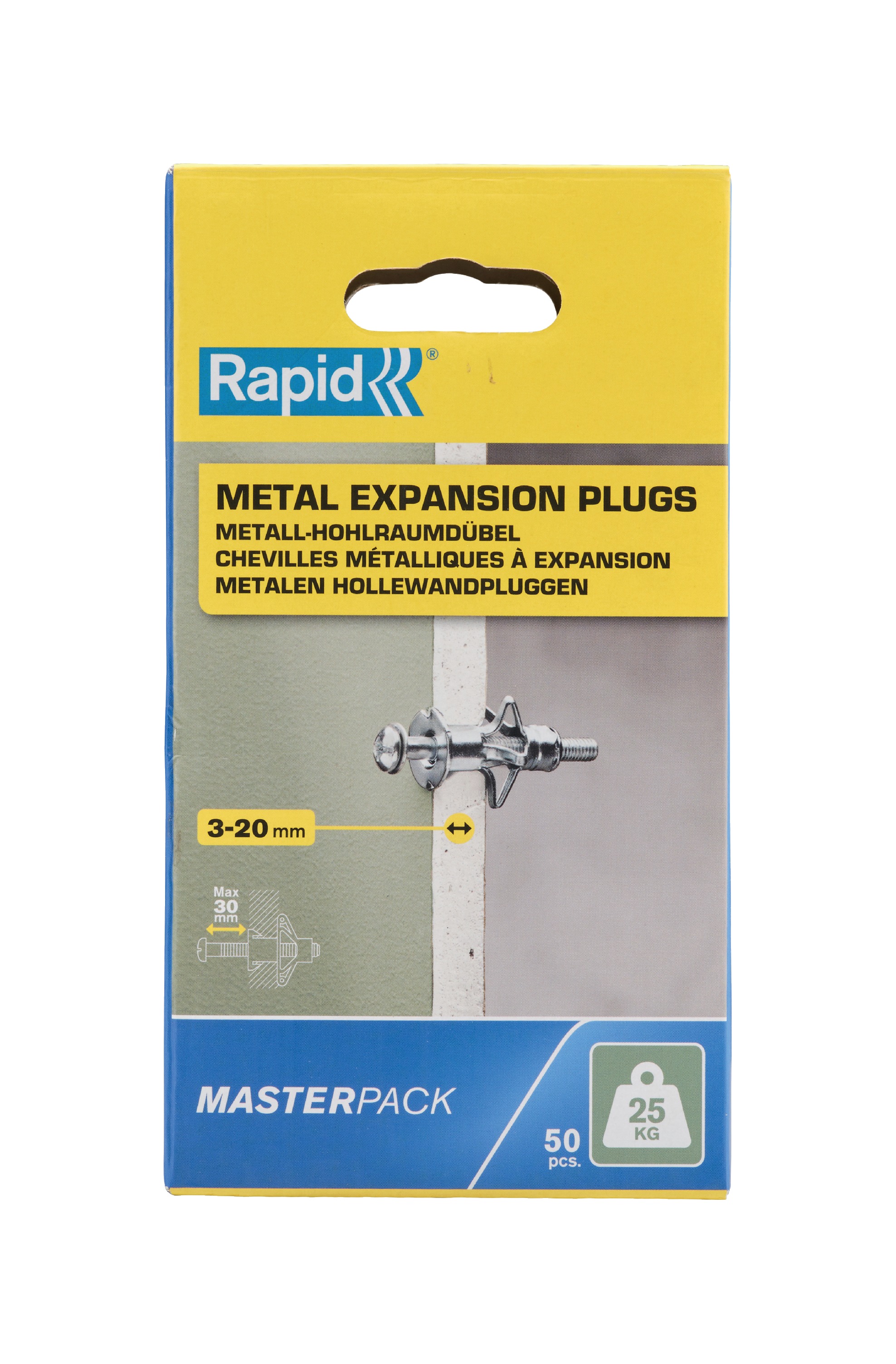 Rapid 5001562 Hollow wall plug 50 pieces for 3-20 mm board thickness, 25 kg load capacity