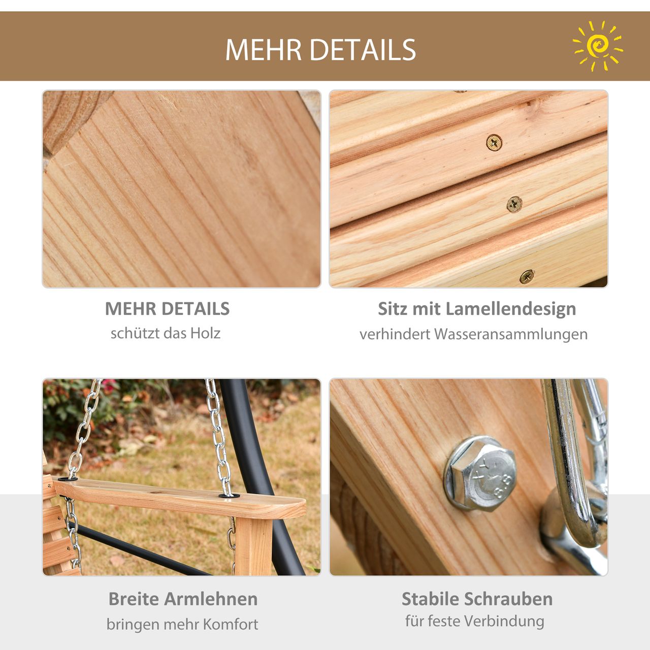 Outsunny Hängebank 2-3 Sitzer Tannenholz 150 x 75 x 53 cm Natur