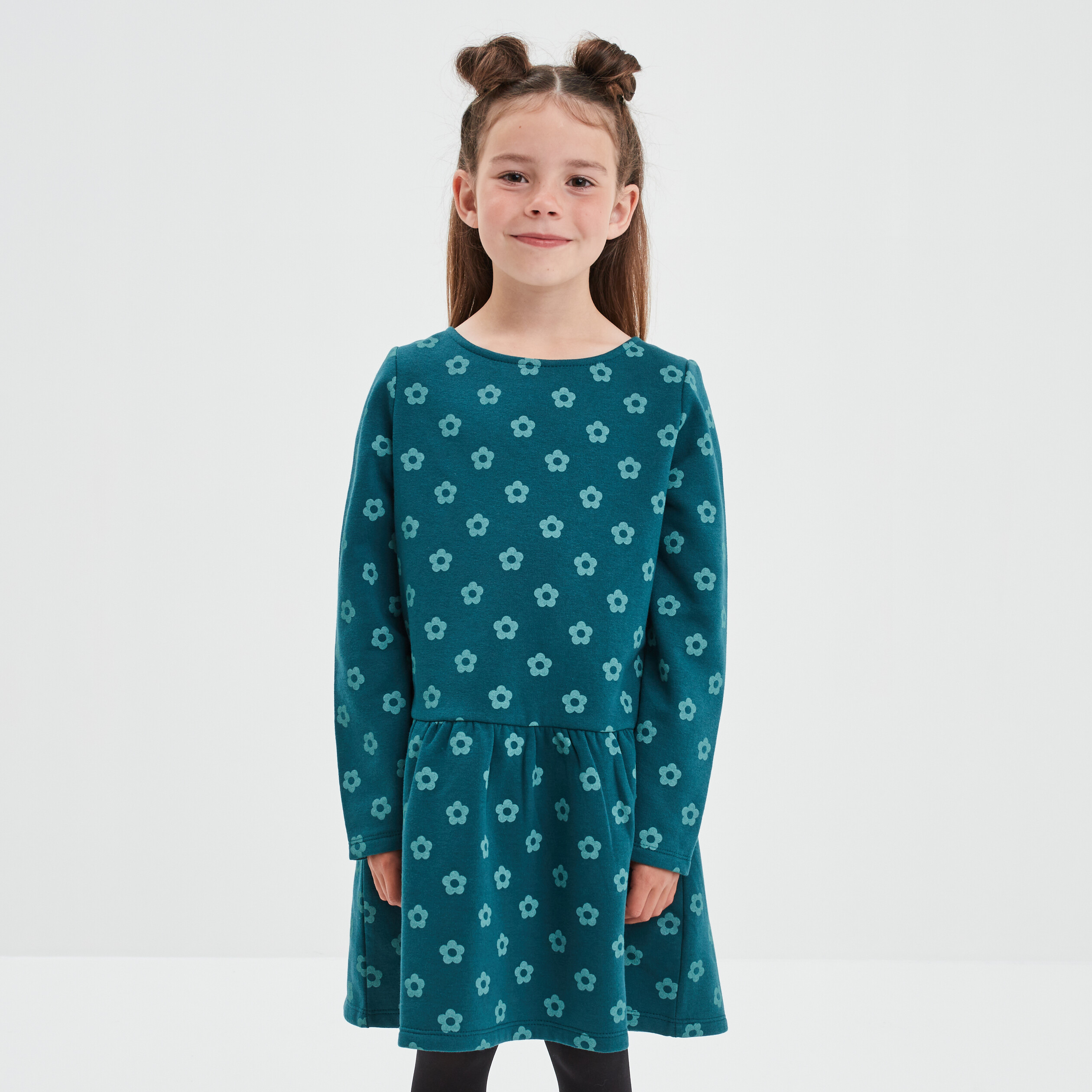 Robe molleton volantée manches longues vert foncé fille | La Halle