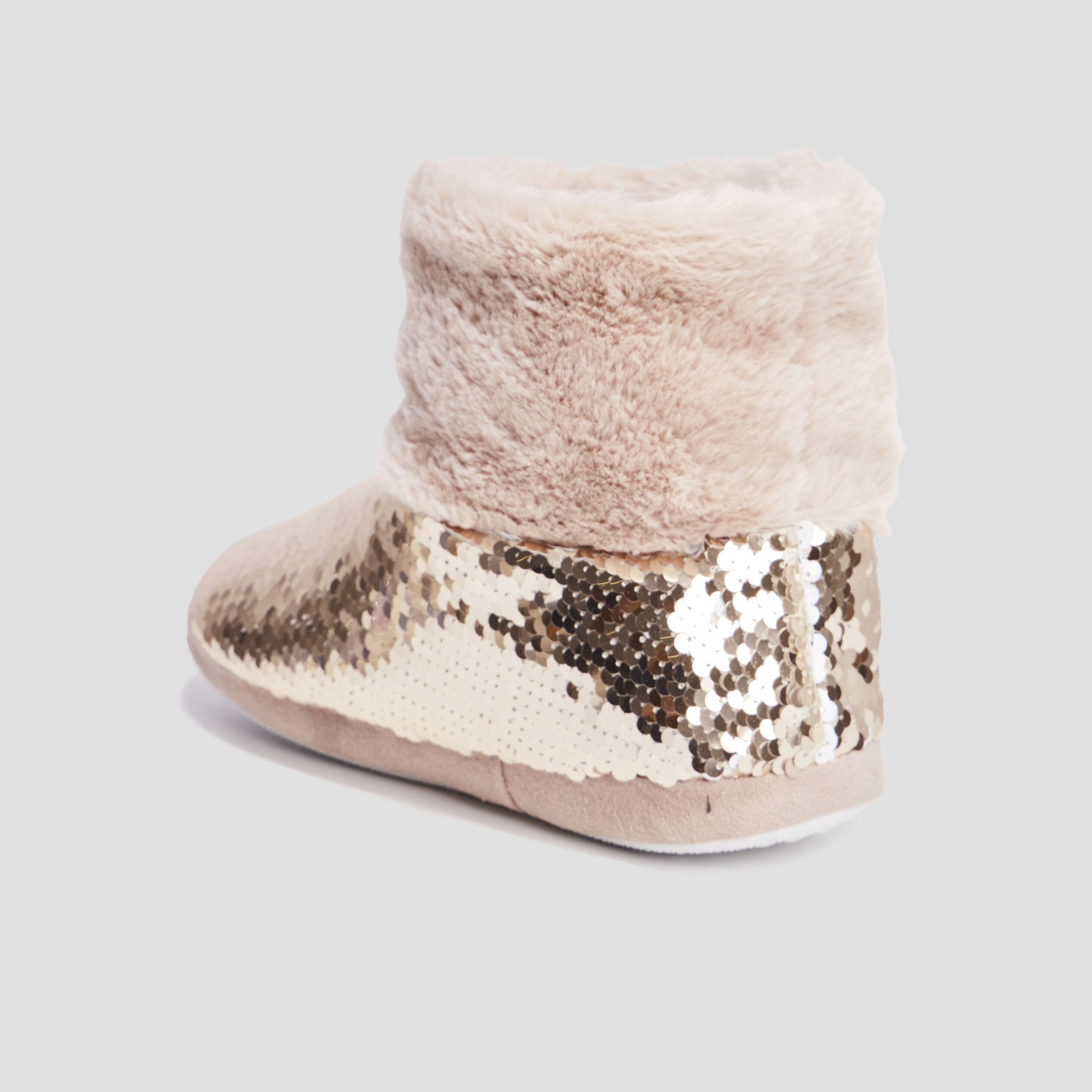Chaussons bottines sequins et fourrure jaune or femme | La Halle