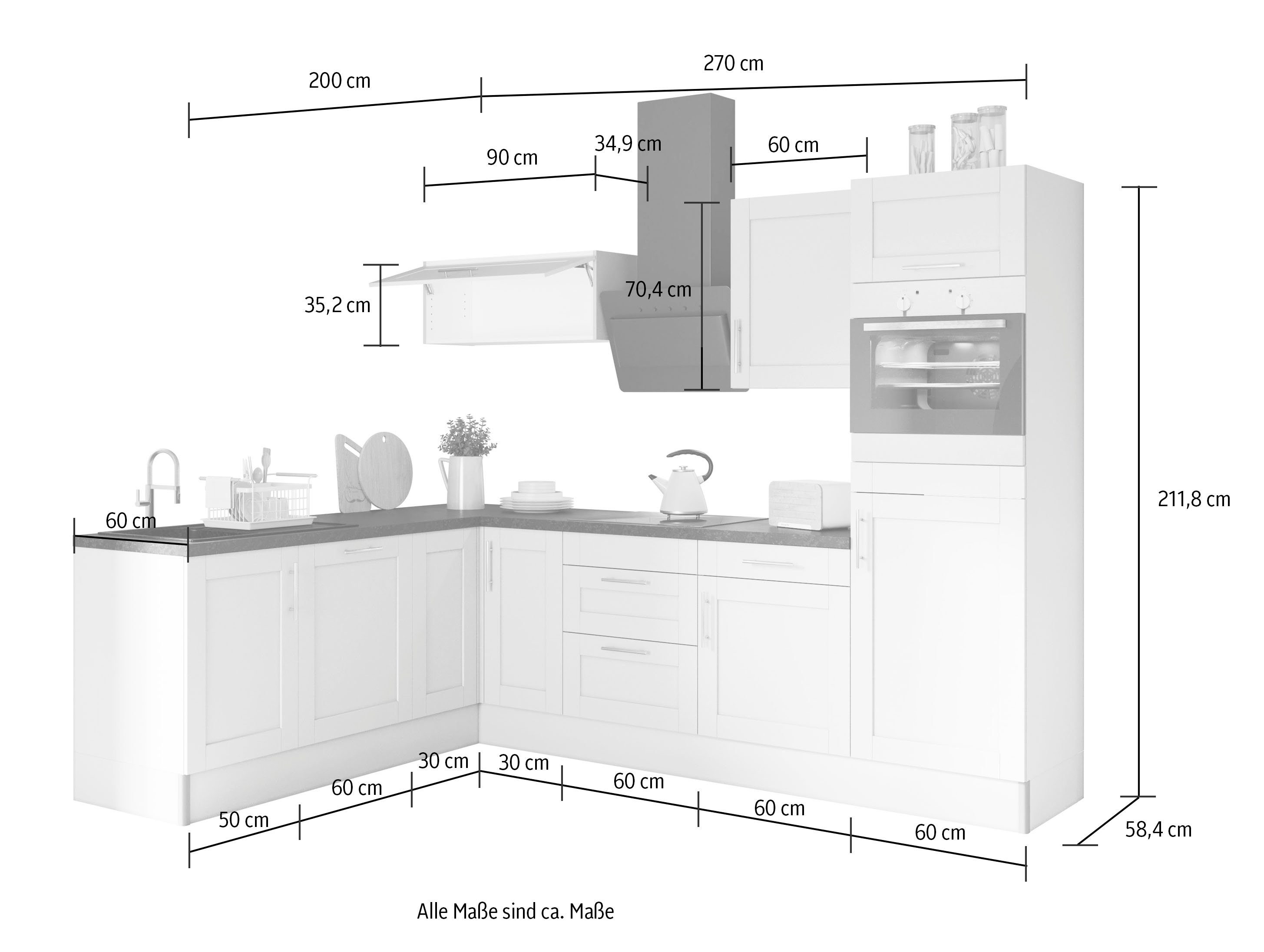 OPTIFIT Küche Ahus, 200 x 270 cm breit, ohne E-Geräte, Soft Close Funktion, MDF Fronten