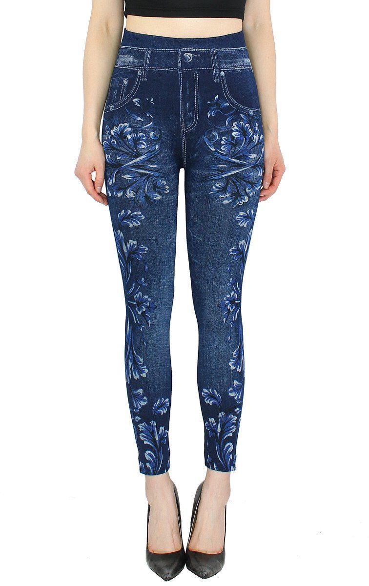 dy_mode Thermoleggings Thermo Leggings Damen Jeggings Gefüttert Thermoleggings Jeans-Optik mit elastischem Bund, Geblümt, mit Innenfutter