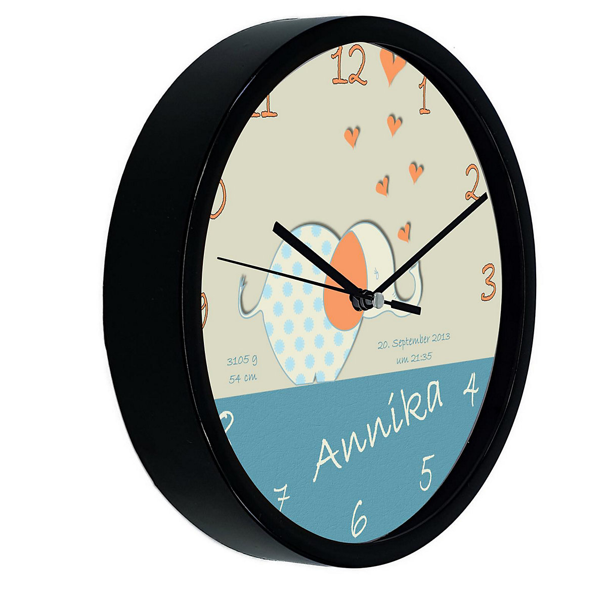 Kinder Wanduhr personalisiert mit Name Elefant orange blau