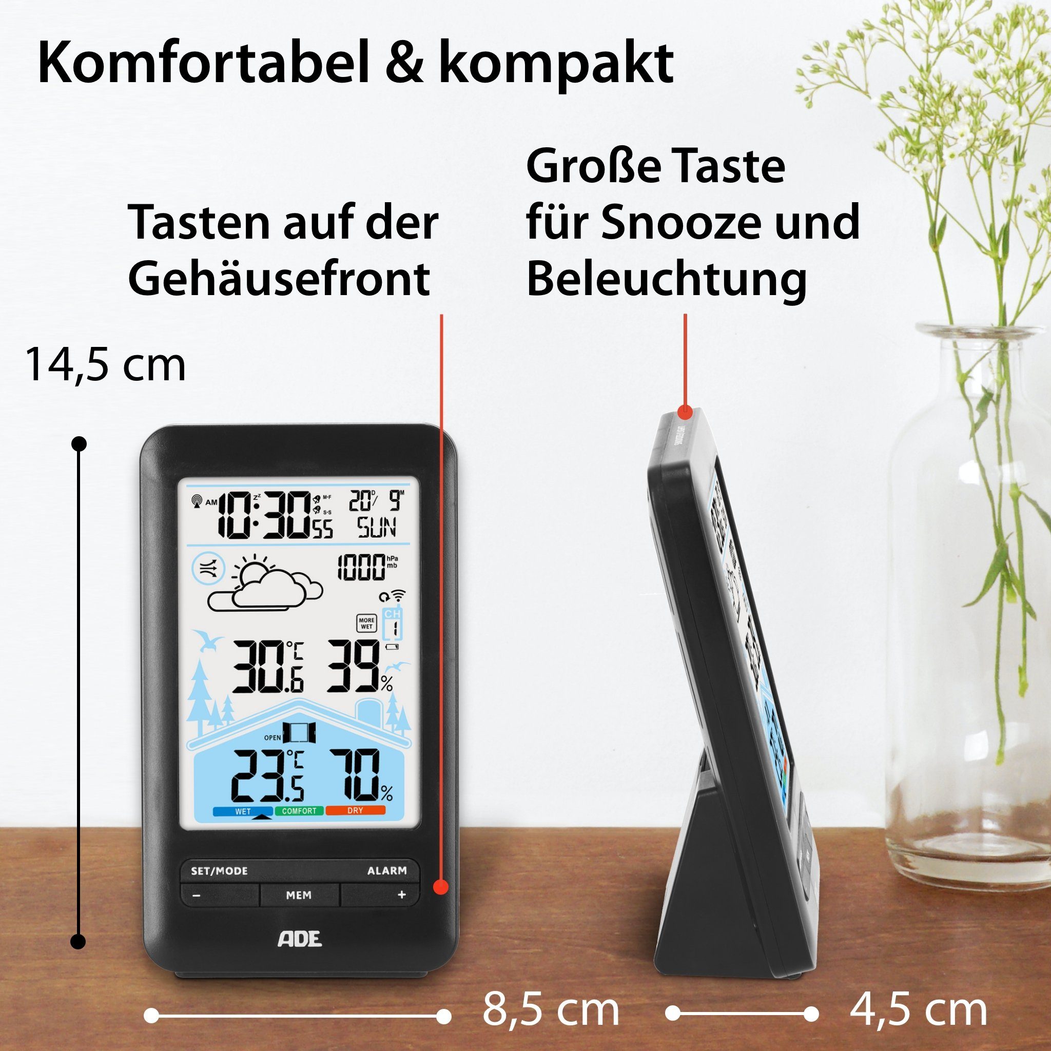 ADE Wetterstation mit Vorhersage und Lüftungsempfehlung Funkwetterstation (mit Außensensor, animierte Wettervorhersage, Wecker mit 2 Weckzeiten, Kalender)