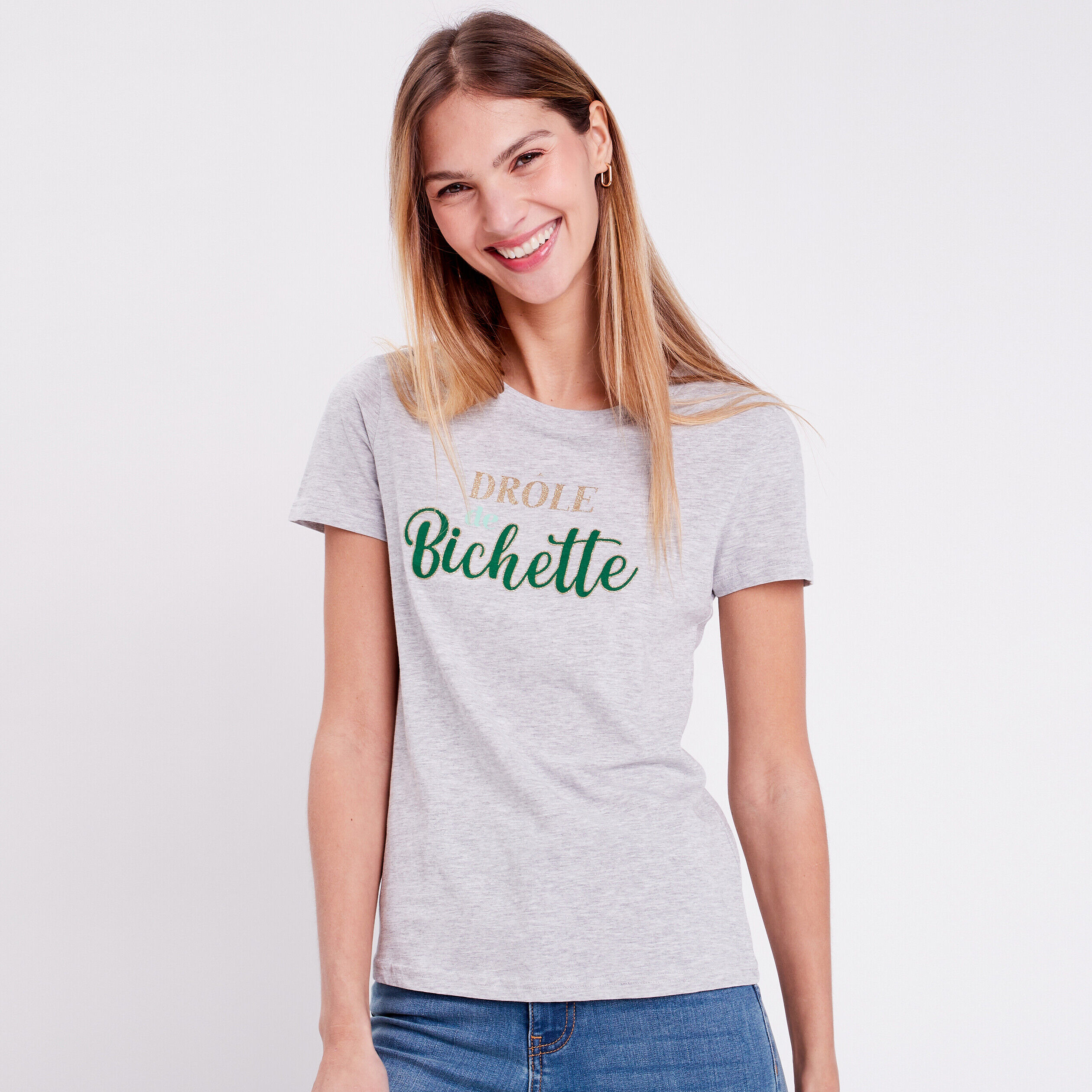 T-shirt manches courtes gris clair femme | Cache Cache
