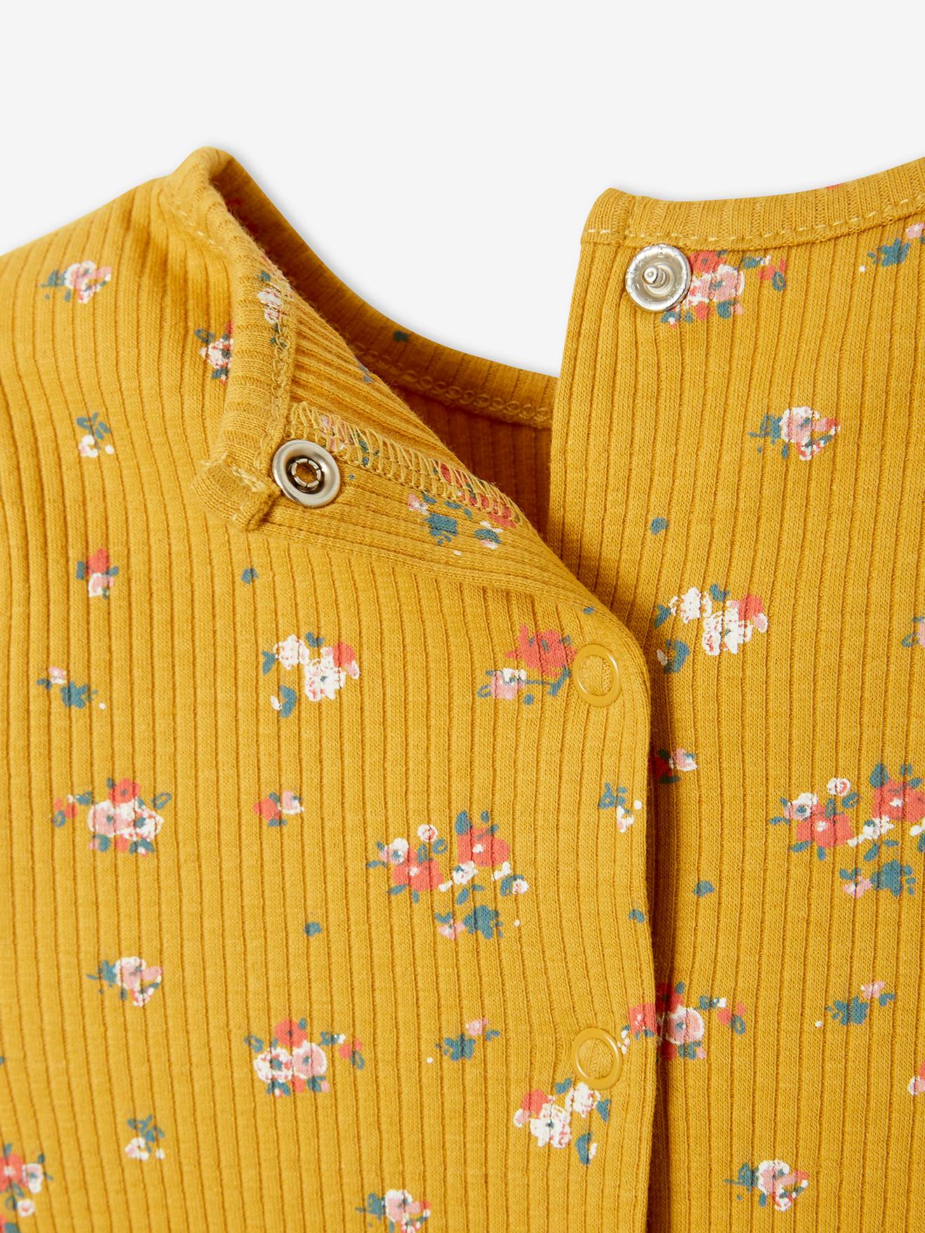 T-shirt à fleurs en maille côtelée bébé rose grisé imprimé