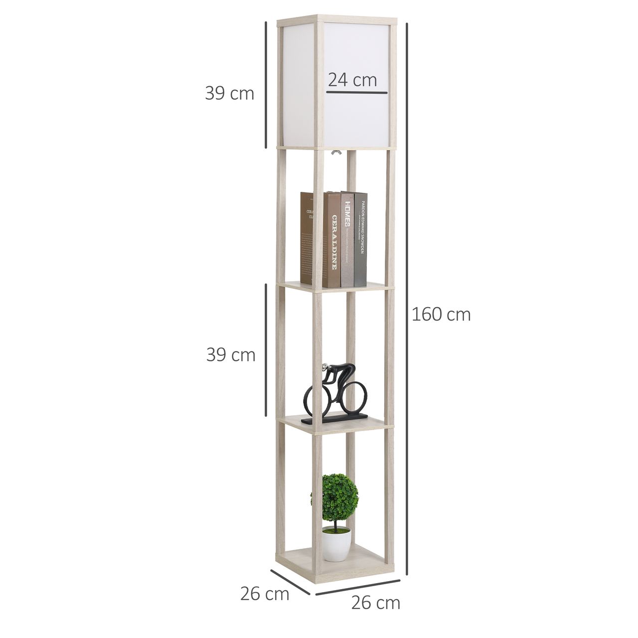 HOMCOM Stehleuchte Beleuchtung mit 3 Regalen E27 bis 40W E1-MDF Eiche Weiß