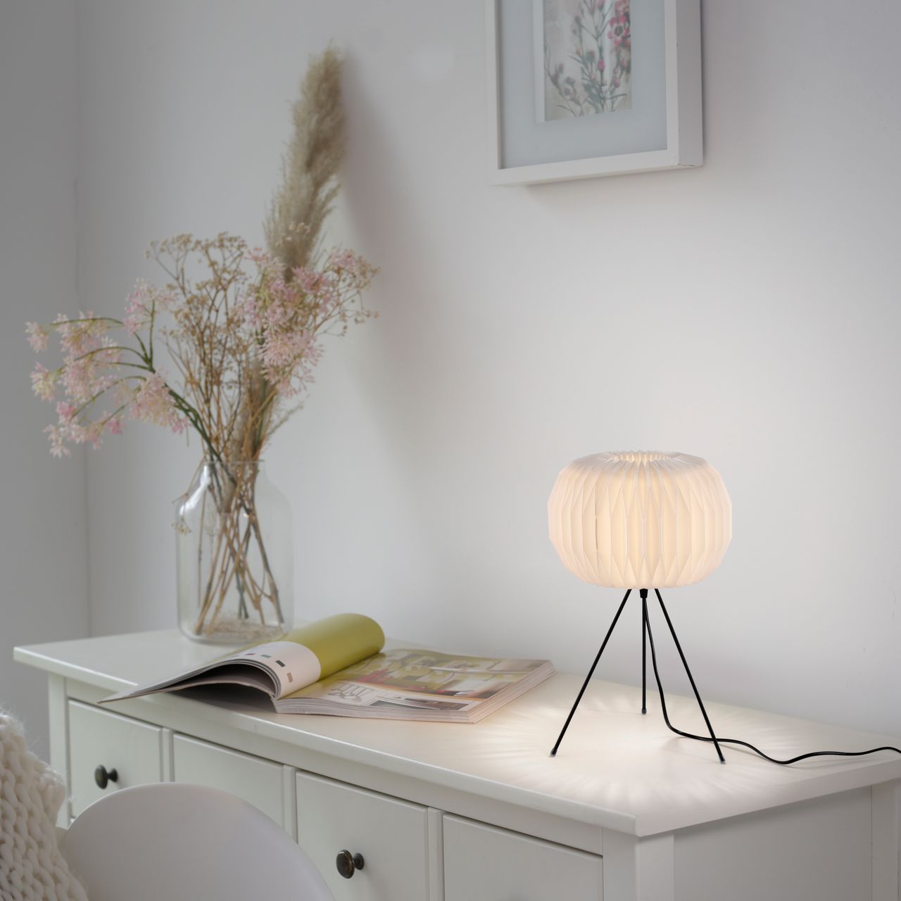 JUST LIGHT LeuchtenDirekt Tischleuchte PAPEL, 3-Bein, weißer Kunststoffschirm, mit Schnurschalter,  IP20