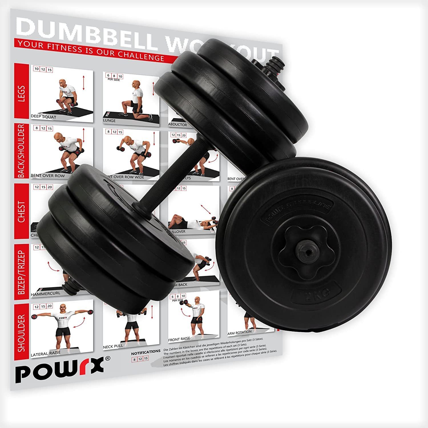 POWRX Kurzhantel 2er-Set Kurzhanteln 20kg-40kg, Rutschsicher, gerändelte Griffe, 2 X 10 Kg Kunststoff