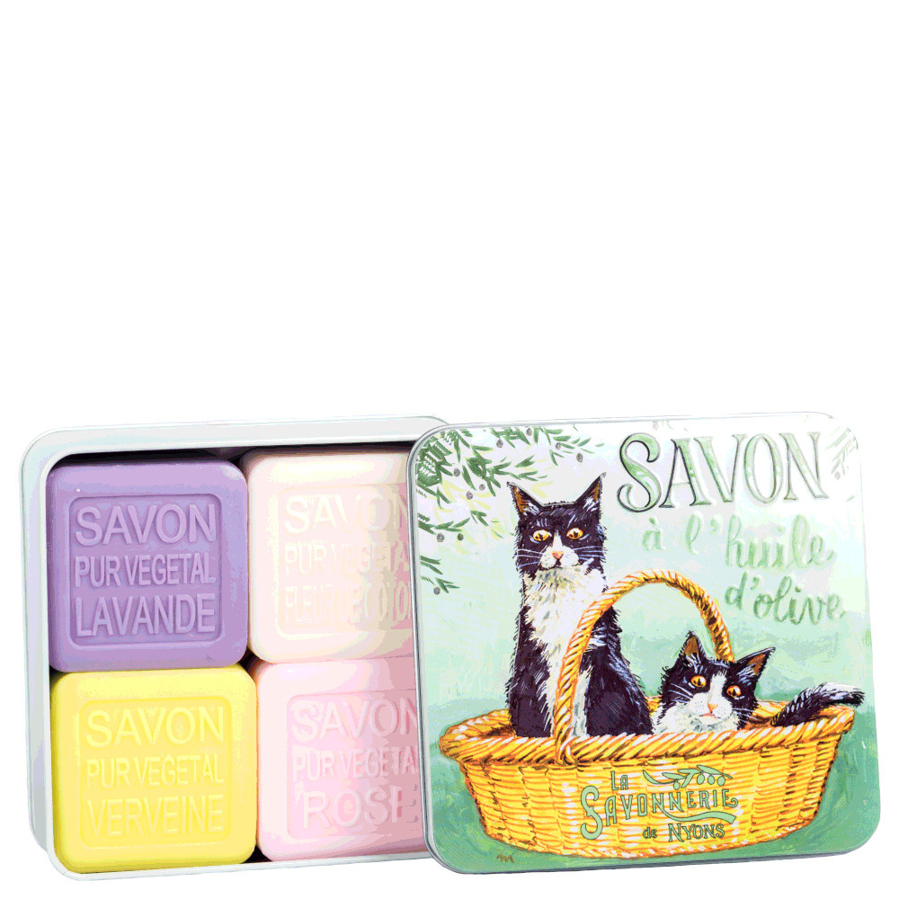 La savonnerie de nyons Coffret de 4 Savons (Lavande, Verveine,Fleur de Coton, Rose) Chats Noir & Blanc Savon