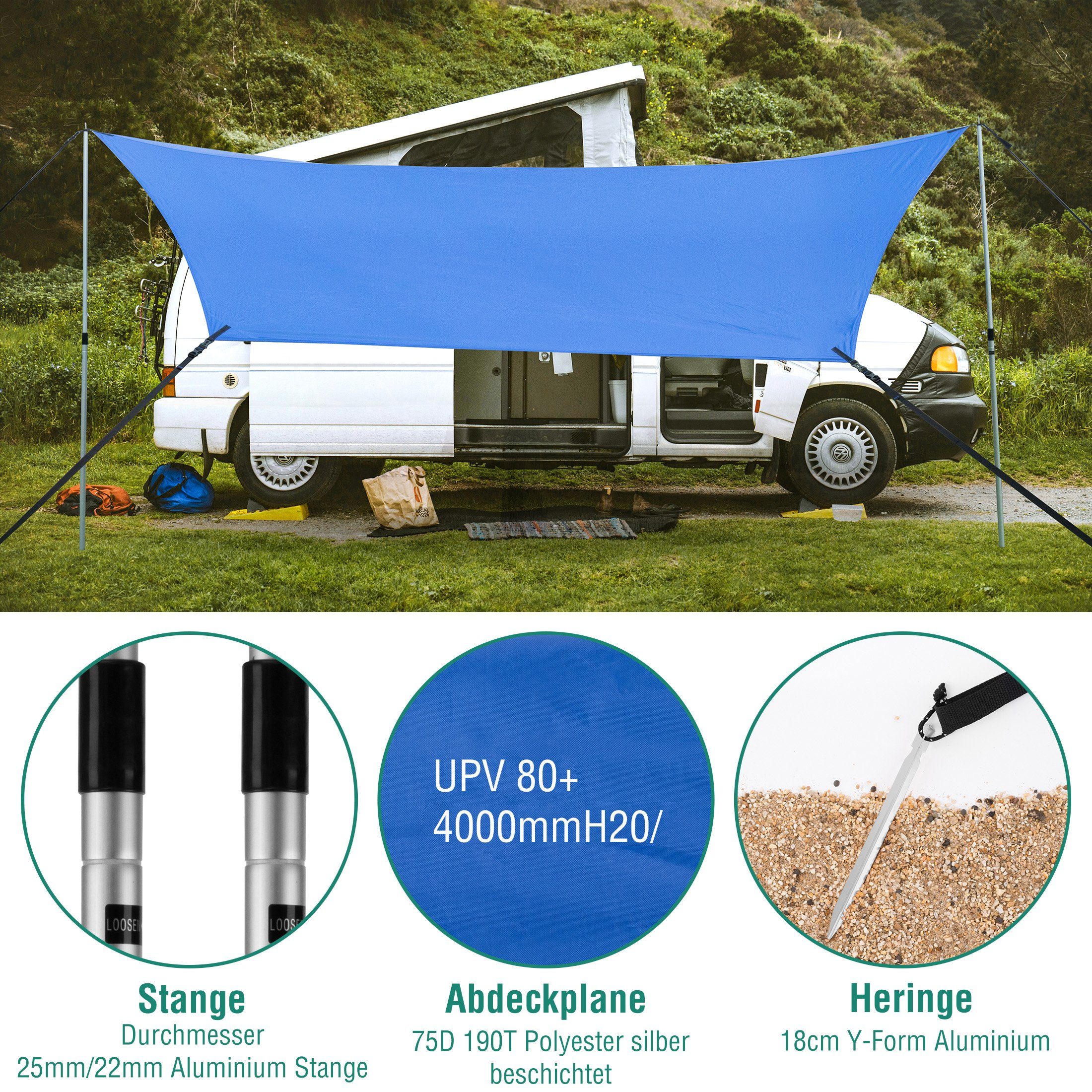 Zoomyo Sonnensegel Markise fürs Auto / Autovordach, einfache Montage, (Einer Tasche für den einfachen Transport), mit UV-Schutz 80+ durch Silberbeschichtung