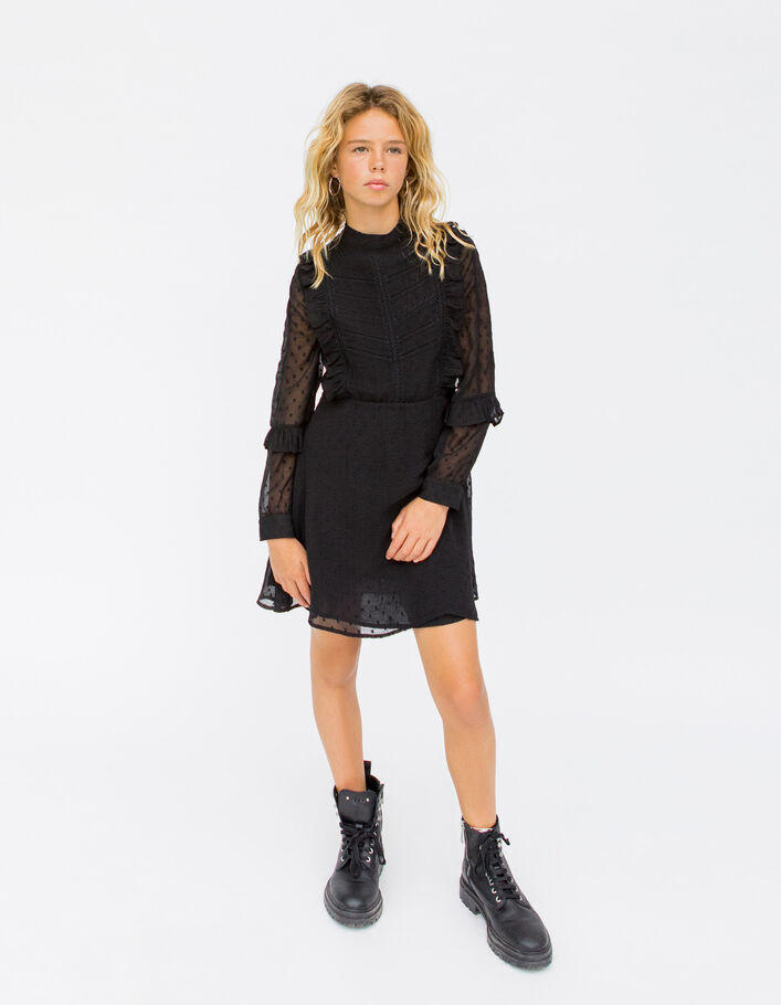Robe noire jacquard plumetis à plastron fille