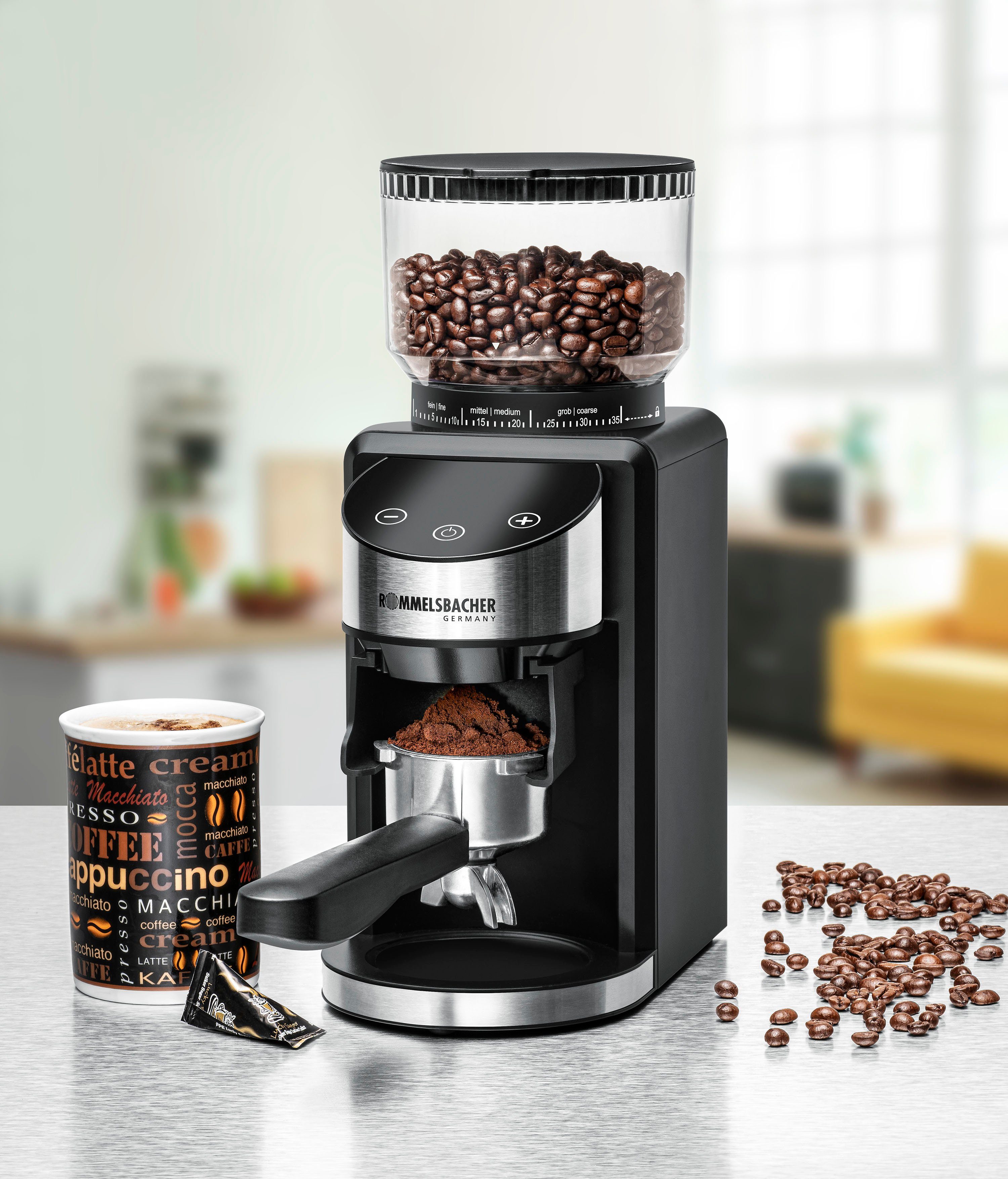 Rommelsbacher Kaffeemühle EKM 400, 200 W, Kegelmahlwerk, 220 g Bohnenbehälter, mit Kegelmahlwerk, Antistatik-Funktion, 35 Mahlgrade