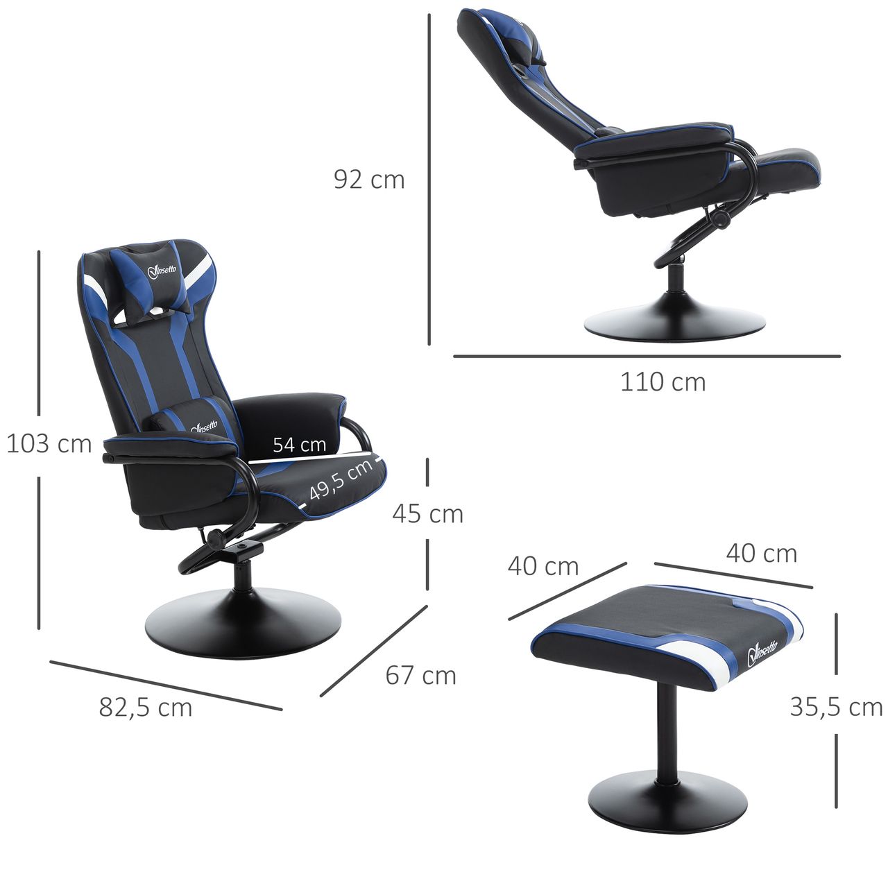 Vinsetto Relaxsessel mit Hocker, Fernsehsessel, Spiel-Stil, Gamingstuhl, Blau