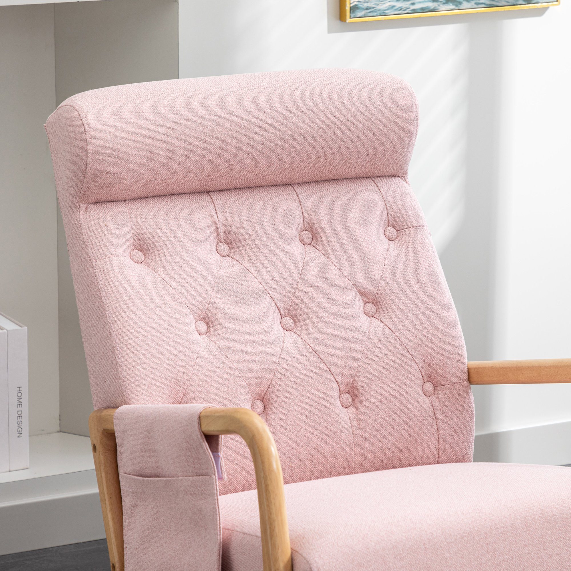 Celya Schaukelstuhl Wohnzimmer Bequemer Schaukelstuhl mit Ottomane, Hohe Rückenlehne Akzent Gleiter Schaukelstuhl, Leinen, Rosa